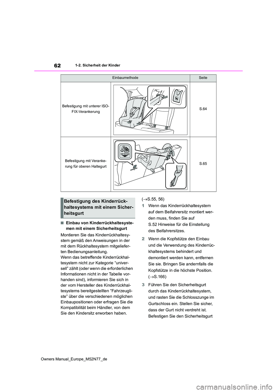 TOYOTA YARIS CROSS 2023  Betriebsanleitungen (in German) 62
Owners Manual_Europe_M52N77_de
1-2. Sicherheit der Kinder
■Einbau von Kinderrückhaltesyste- 
men mit einem Sicherheitsgurt 
Montieren Sie das Kinderrückhaltesy- 
stem gemäß den Anweisungen in