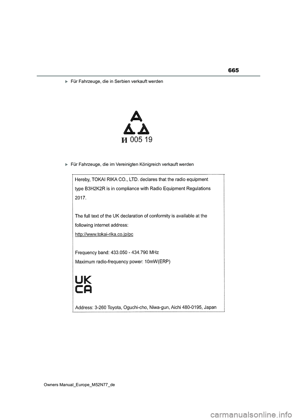 TOYOTA YARIS CROSS 2023  Betriebsanleitungen (in German) 665
Owners Manual_Europe_M52N77_de
Für Fahrzeuge, die in Serbien verkauft werden
Für Fahrzeuge, die im Vereinigten Königreich verkauft werden 
