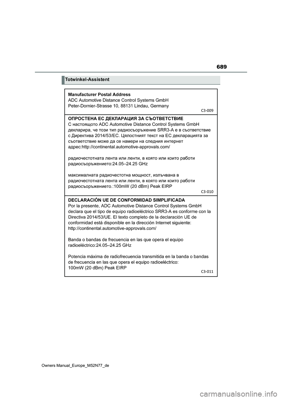TOYOTA YARIS CROSS 2023  Betriebsanleitungen (in German) 689
Owners Manual_Europe_M52N77_de
Totwinkel-Assistent 
