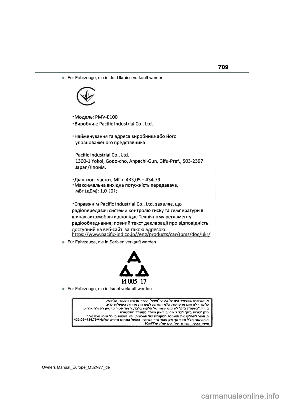 TOYOTA YARIS CROSS 2023  Betriebsanleitungen (in German) 709
Owners Manual_Europe_M52N77_de
Für Fahrzeuge, die in der Ukraine verkauft werden
Für Fahrzeuge, die in Serbien verkauft werden
Für Fahrzeuge, die in Israel verkauft werden 