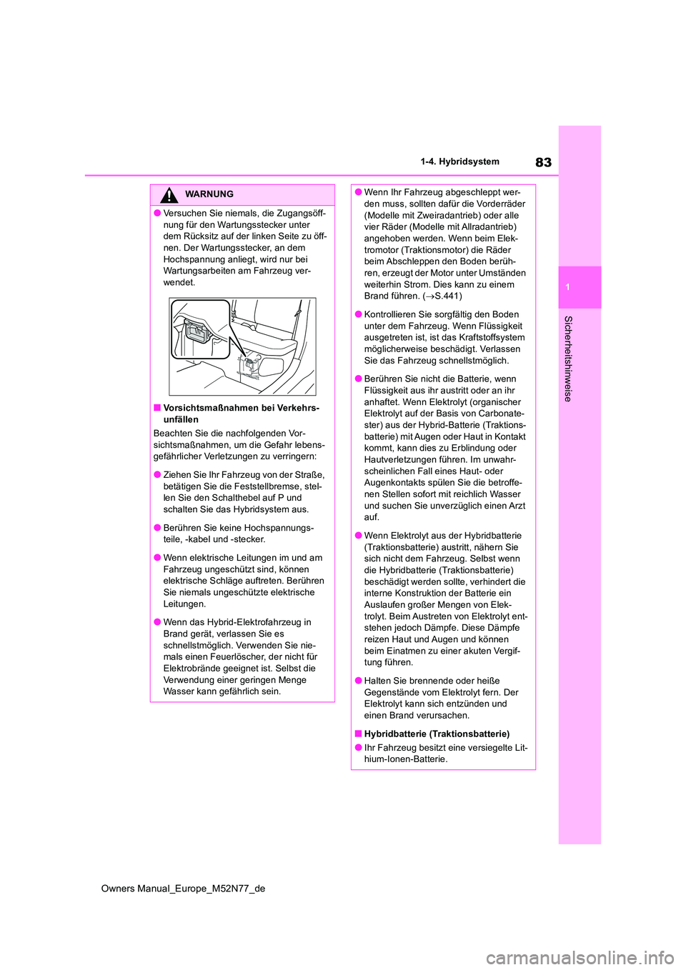 TOYOTA YARIS CROSS 2023  Betriebsanleitungen (in German) 83
1
Owners Manual_Europe_M52N77_de
1-4. Hybridsystem
Sicherheitshinweise
WARNUNG
●Versuchen Sie niemals, die Zugangsöff- 
nung für den Wartungsstecker unter  dem Rücksitz auf der linken Seite zu