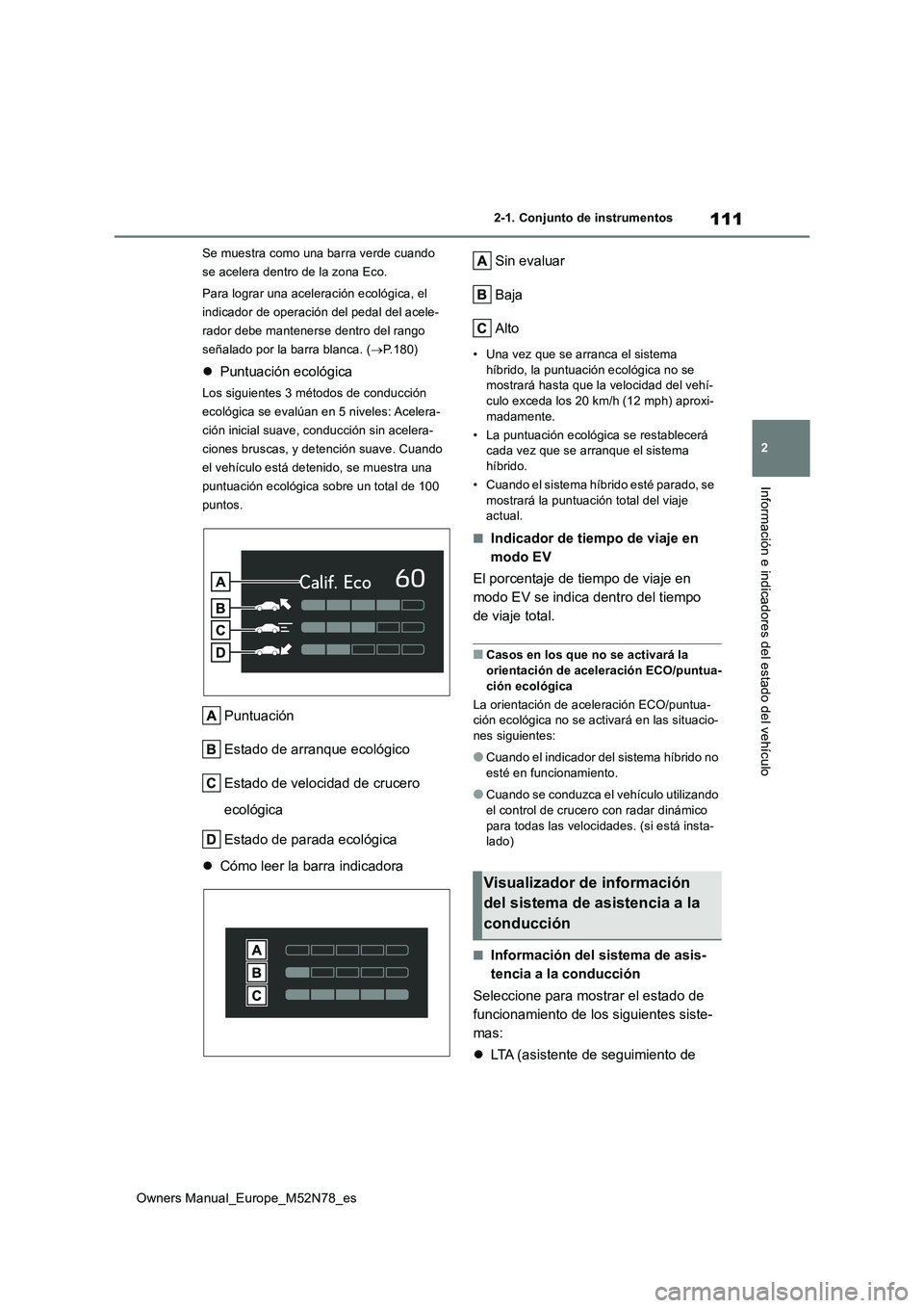 TOYOTA YARIS CROSS 2023  Manual del propietario (in Spanish) 111
2
Owners Manual_Europe_M52N78_es
2-1. Conjunto de instrumentos
Información e indicadores del estado del vehículo
Se muestra como una barra verde cuando  
se acelera dentro de la zona Eco. 
Para 