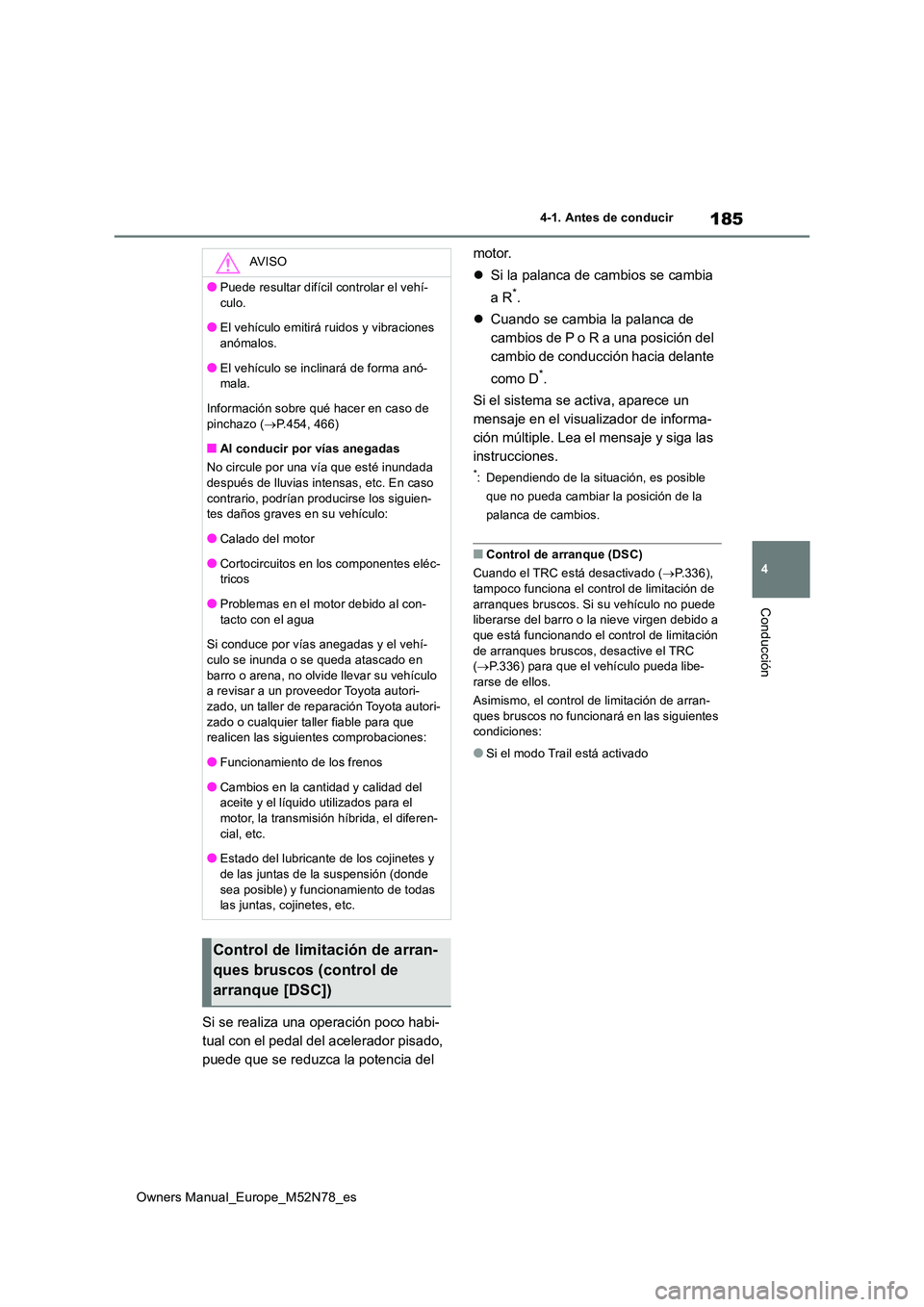 TOYOTA YARIS CROSS 2023  Manual del propietario (in Spanish) 185
4
Owners Manual_Europe_M52N78_es
4-1. Antes de conducir
Conducción
Si se realiza una operación poco habi- 
tual con el pedal del acelerador pisado, 
puede que se reduzca la potencia del  
motor.
