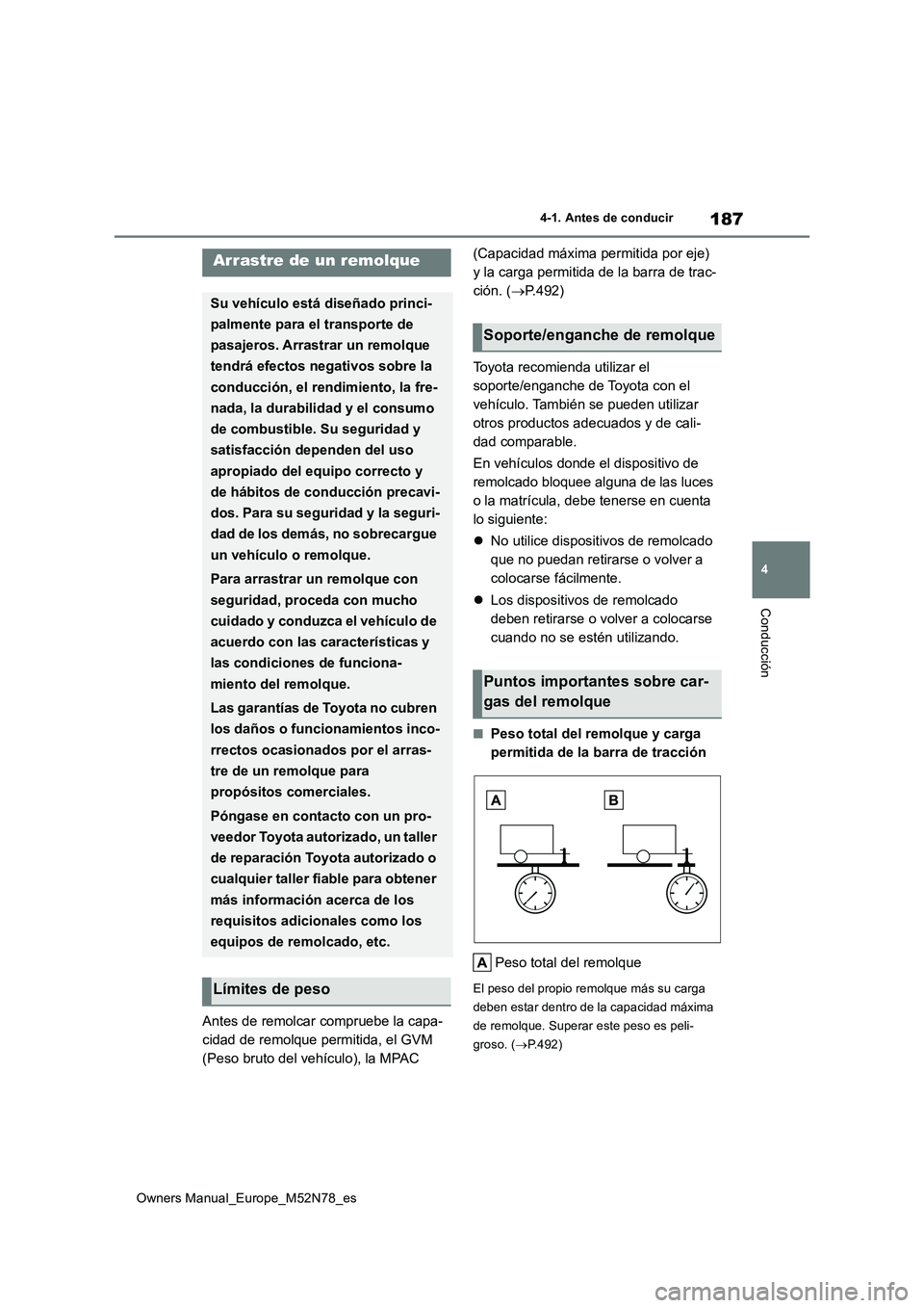 TOYOTA YARIS CROSS 2023  Manual del propietario (in Spanish) 187
4
Owners Manual_Europe_M52N78_es
4-1. Antes de conducir
Conducción
Antes de remolcar compruebe la capa- 
cidad de remolque permitida, el GVM 
(Peso bruto del vehículo), la MPAC  
(Capacidad máx