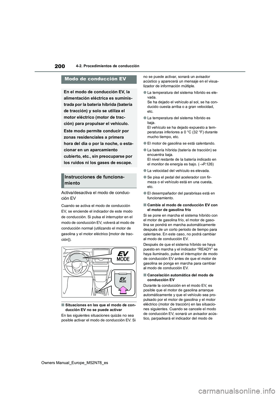 TOYOTA YARIS CROSS 2023  Manual del propietario (in Spanish) 200
Owners Manual_Europe_M52N78_es
4-2. Procedimientos de conducción
Activa/desactiva el modo de conduc- 
ción EV
Cuando se activa el modo de conducción  
EV, se enciende el indicador de este modo 