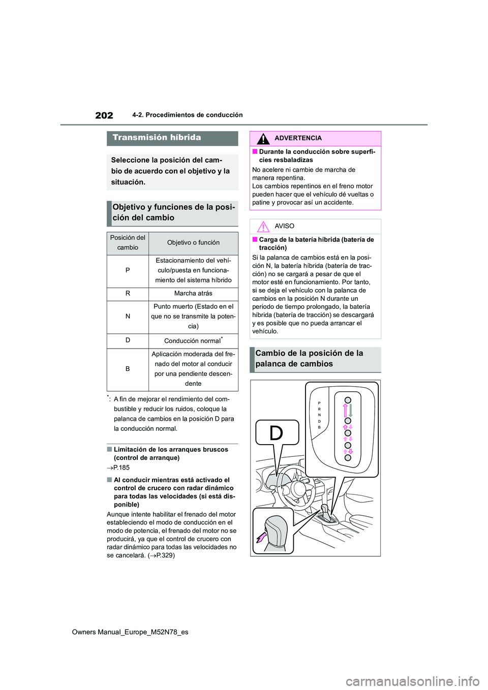 TOYOTA YARIS CROSS 2023  Manual del propietario (in Spanish) 202
Owners Manual_Europe_M52N78_es
4-2. Procedimientos de conducción
*: A fin de mejorar el rendimiento del com- 
bustible y reducir los ruidos, coloque la 
palanca de cambios en la posición D para 