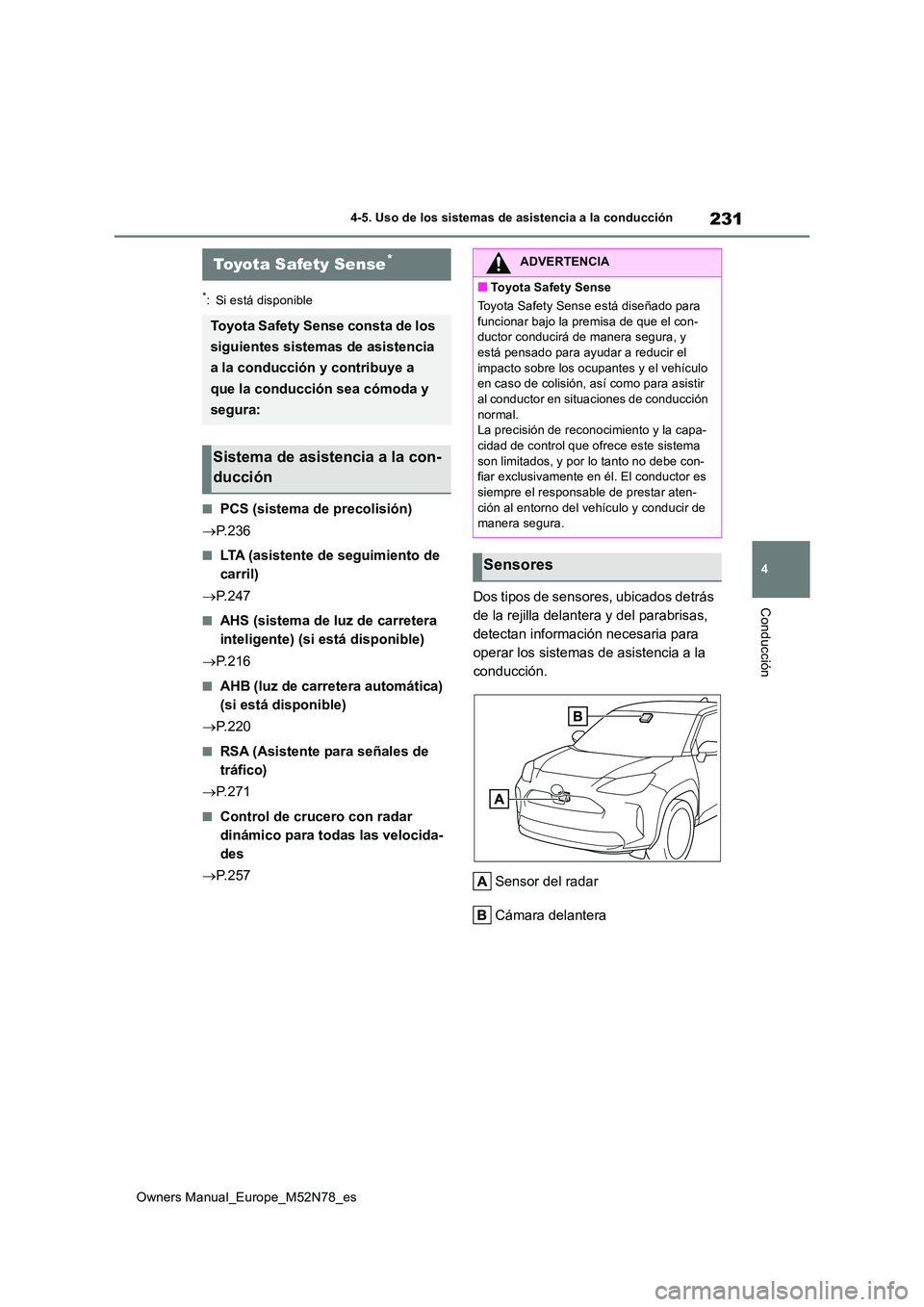 TOYOTA YARIS CROSS 2023  Manual del propietario (in Spanish) 231
4
Owners Manual_Europe_M52N78_es
4-5. Uso de los sistemas de asistencia a la conducción
Conducción
4-5.Uso de los siste ma s de asistencia a la  c onduc ció n
*: Si está disponible
■PCS (sis