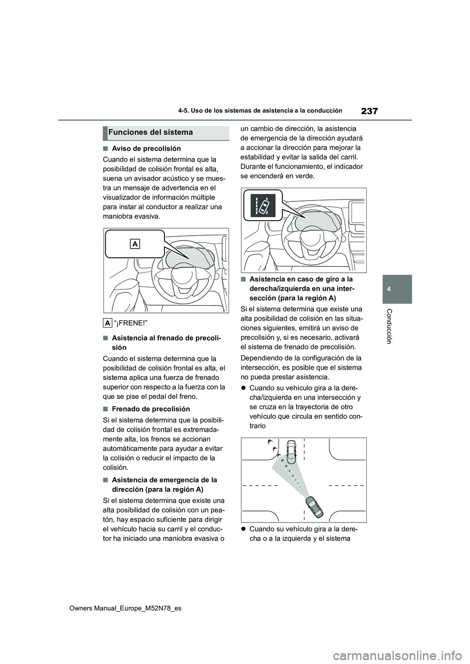 TOYOTA YARIS CROSS 2023  Manual del propietario (in Spanish) 237
4
Owners Manual_Europe_M52N78_es
4-5. Uso de los sistemas de asistencia a la conducción
Conducción
■Aviso de precolisión 
Cuando el sistema determina que la  
posibilidad de colisión frontal
