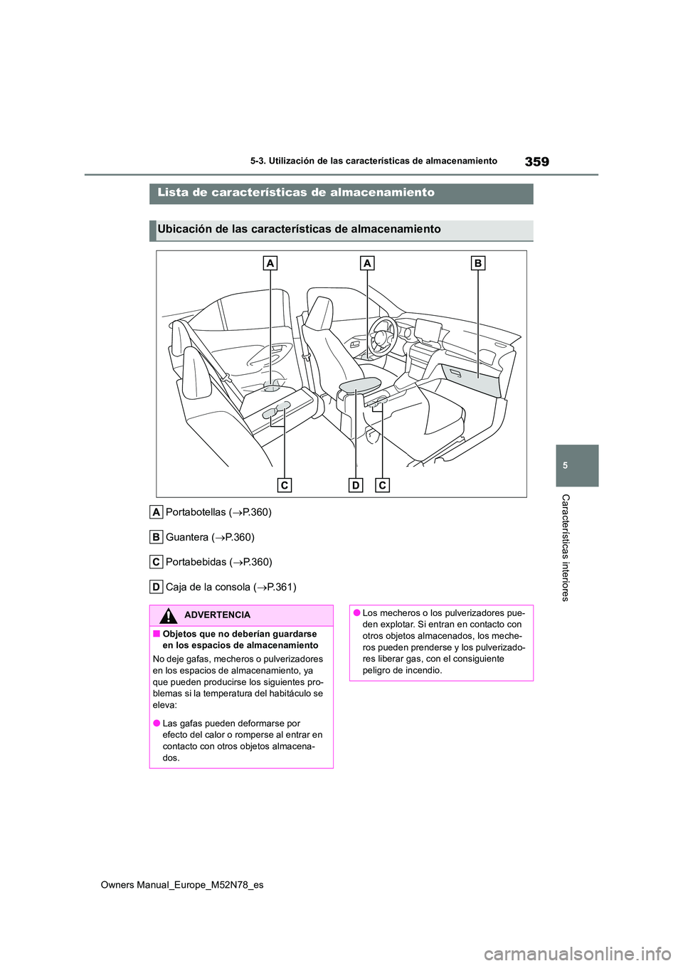 TOYOTA YARIS CROSS 2023  Manual del propietario (in Spanish) 359
5
Owners Manual_Europe_M52N78_es
5-3. Utilización de las características de almacenamiento
Características interiores
5-3.Utiliz ación de la s característic as de almacen amie nto
Portabotell