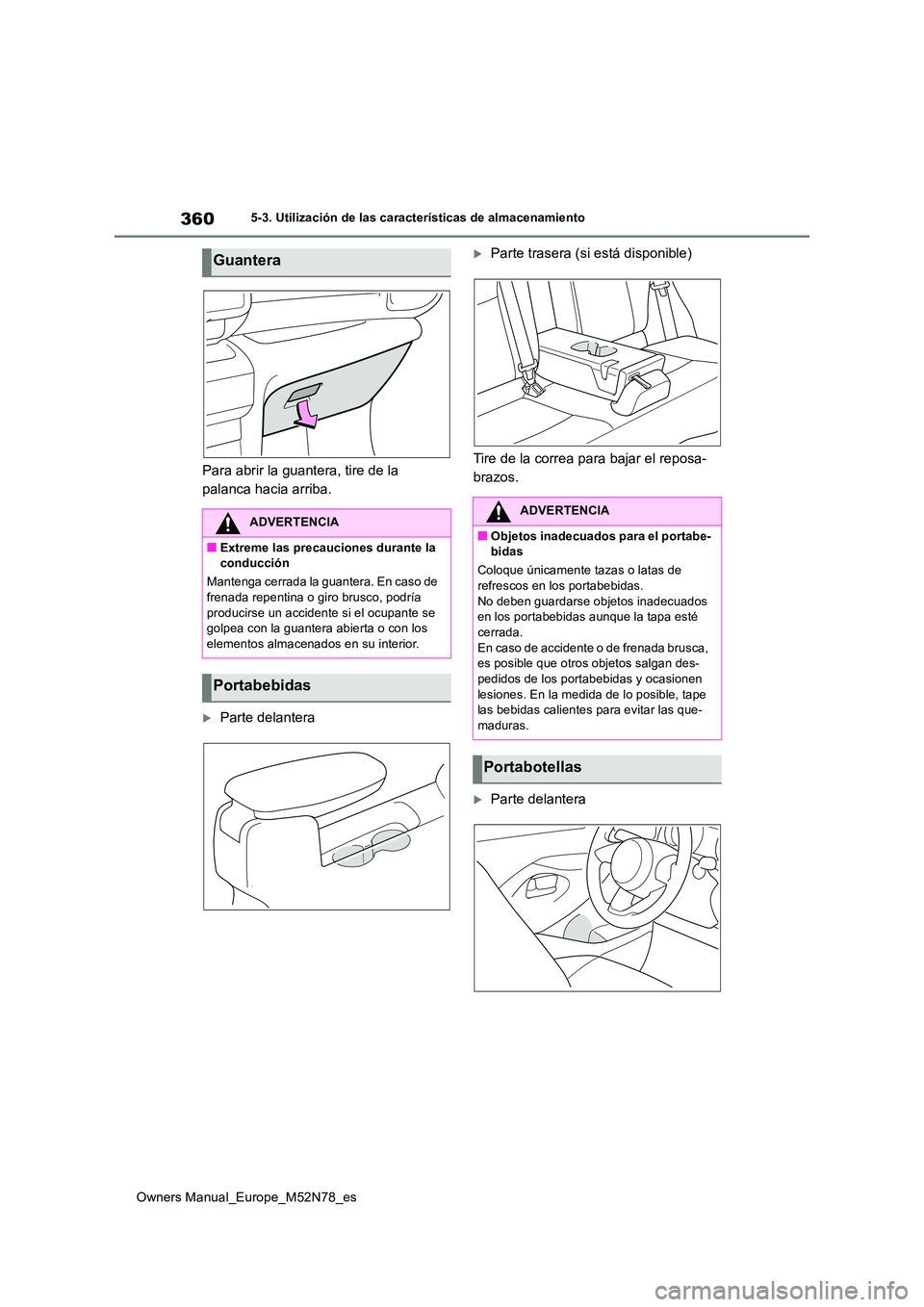 TOYOTA YARIS CROSS 2023  Manual del propietario (in Spanish) 360
Owners Manual_Europe_M52N78_es
5-3. Utilización de las características de almacenamiento
Para abrir la guantera, tire de la  
palanca hacia arriba.
Parte delantera
Parte trasera (si está 