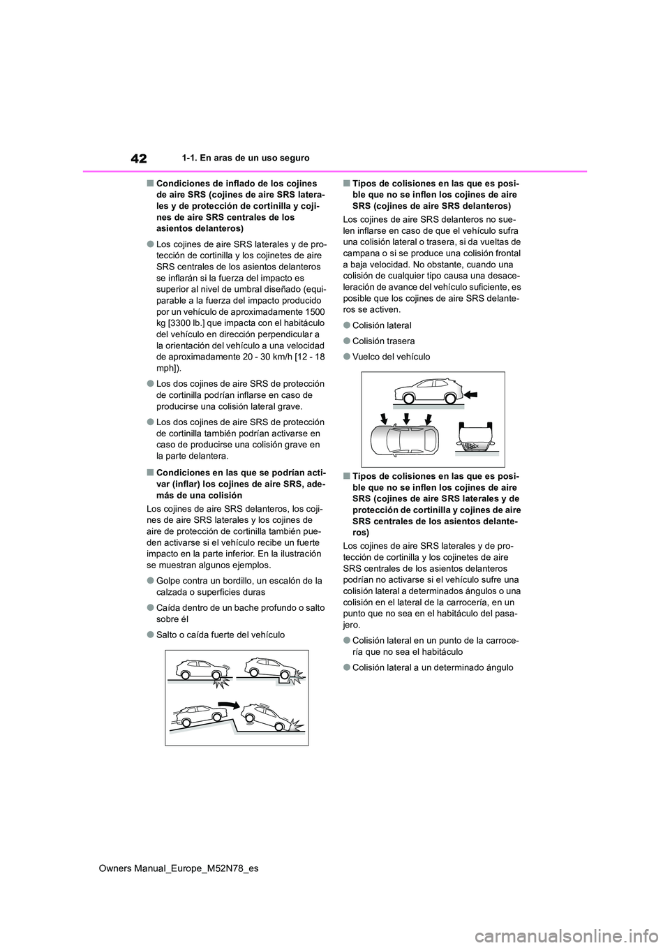 TOYOTA YARIS CROSS 2023  Manual del propietario (in Spanish) 42
Owners Manual_Europe_M52N78_es
1-1. En aras de un uso seguro
■Condiciones de inflado de los cojines  de aire SRS (cojines de aire SRS latera-les y de protección de cortinilla y coji- 
nes de air