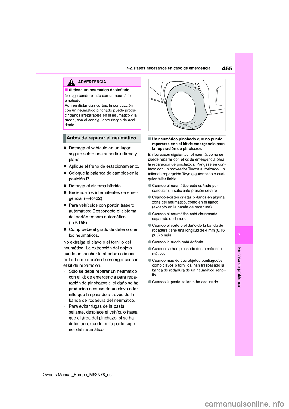 TOYOTA YARIS CROSS 2023  Manual del propietario (in Spanish) 455
7
Owners Manual_Europe_M52N78_es
7-2. Pasos necesarios en caso de emergencia
En caso de problemas
Detenga el vehículo en un lugar  
seguro sobre una superficie firme y 
plana. 
 Aplique el 