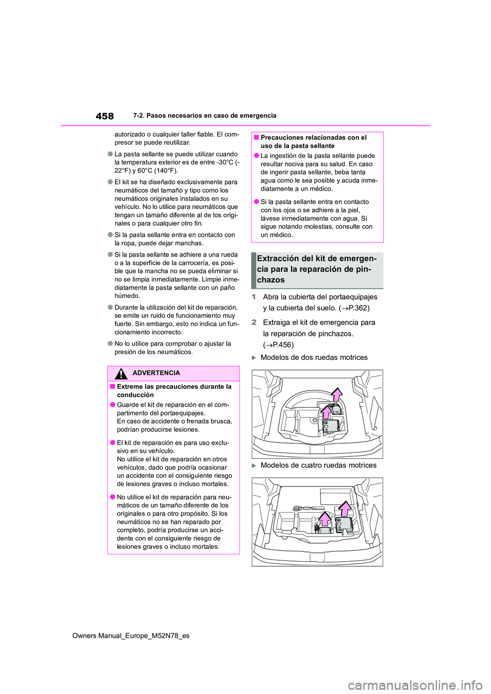 TOYOTA YARIS CROSS 2023  Manual del propietario (in Spanish) 458
Owners Manual_Europe_M52N78_es
7-2. Pasos necesarios en caso de emergencia 
autorizado o cualquier taller fiable. El com- presor se puede reutilizar.
●La pasta sellante se puede utilizar cuando 