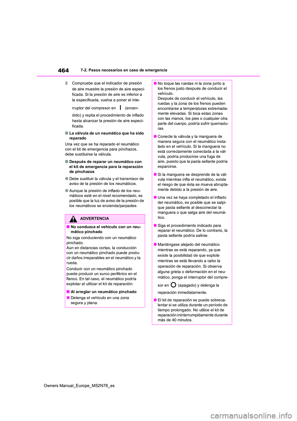TOYOTA YARIS CROSS 2023  Manual del propietario (in Spanish) 464
Owners Manual_Europe_M52N78_es
7-2. Pasos necesarios en caso de emergencia 
2 Compruebe que el indicador de presión  
de aire muestre la presión de aire especi- 
ficada. Si la presión de aire e