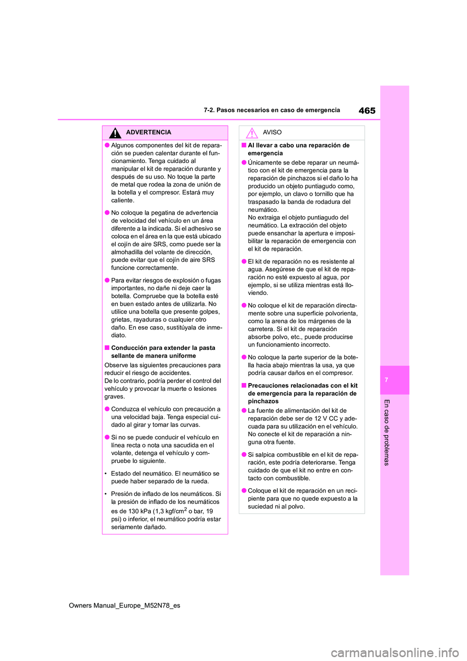 TOYOTA YARIS CROSS 2023  Manual del propietario (in Spanish) 465
7
Owners Manual_Europe_M52N78_es
7-2. Pasos necesarios en caso de emergencia
En caso de problemas
ADVERTENCIA
●Algunos componentes del kit de repara- 
ción se pueden calentar durante el fun- ci