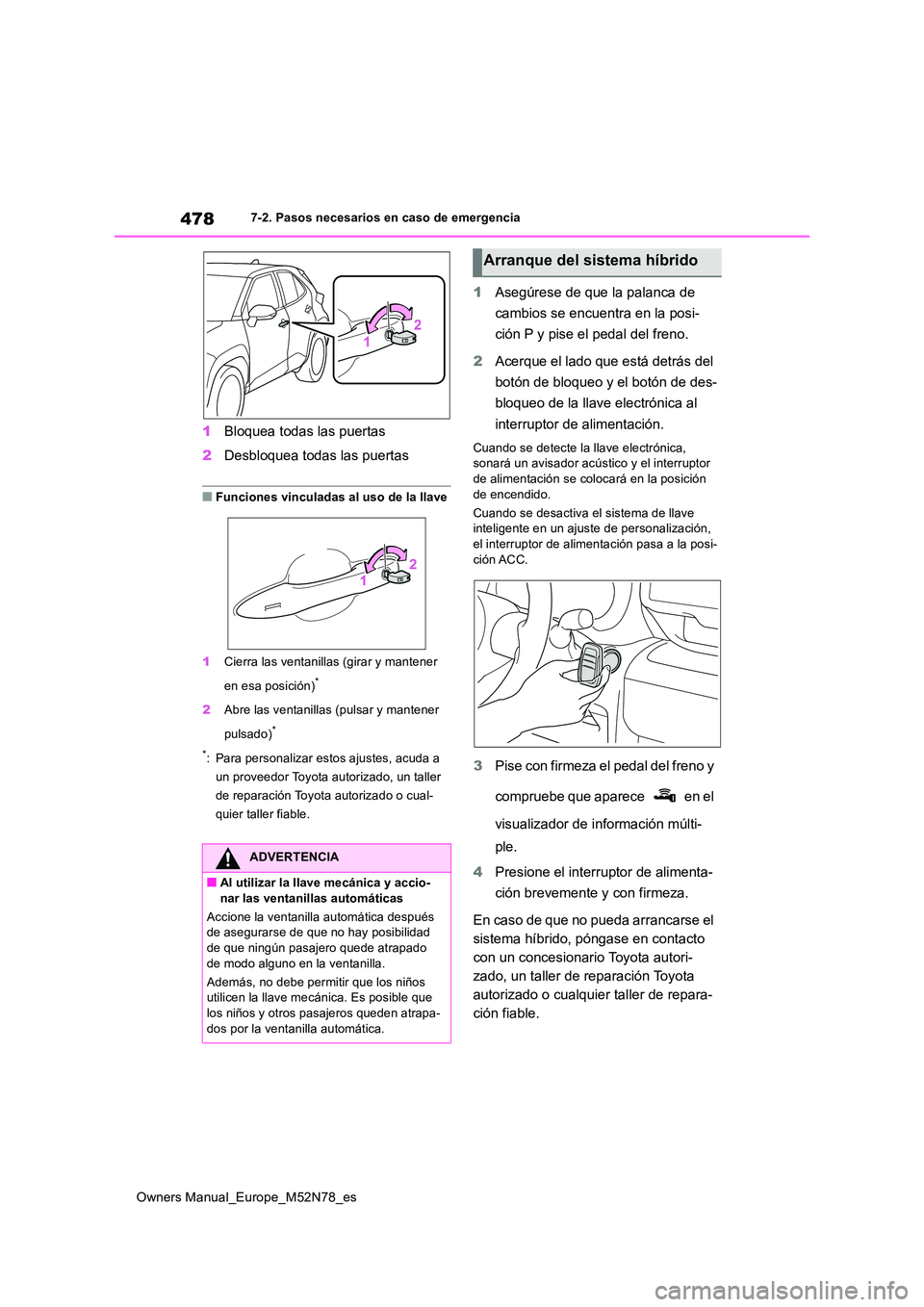 TOYOTA YARIS CROSS 2023  Manual del propietario (in Spanish) 478
Owners Manual_Europe_M52N78_es
7-2. Pasos necesarios en caso de emergencia
1Bloquea todas las puertas 
2 Desbloquea todas las puertas
■Funciones vinculadas al uso de la llave 
1 Cierra las venta