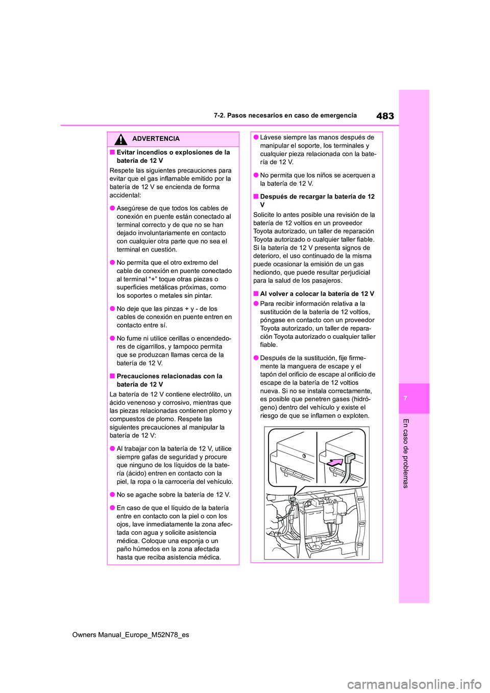 TOYOTA YARIS CROSS 2023  Manual del propietario (in Spanish) 483
7
Owners Manual_Europe_M52N78_es
7-2. Pasos necesarios en caso de emergencia
En caso de problemas
ADVERTENCIA
■Evitar incendios o explosiones de la  
batería de 12 V 
Respete las siguientes pre