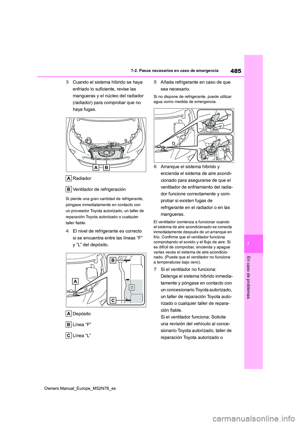 TOYOTA YARIS CROSS 2023  Manual del propietario (in Spanish) 485
7
Owners Manual_Europe_M52N78_es
7-2. Pasos necesarios en caso de emergencia
En caso de problemas
3Cuando el sistema híbrido se haya  
enfriado lo suficiente, revise las  
mangueras y el núcleo 
