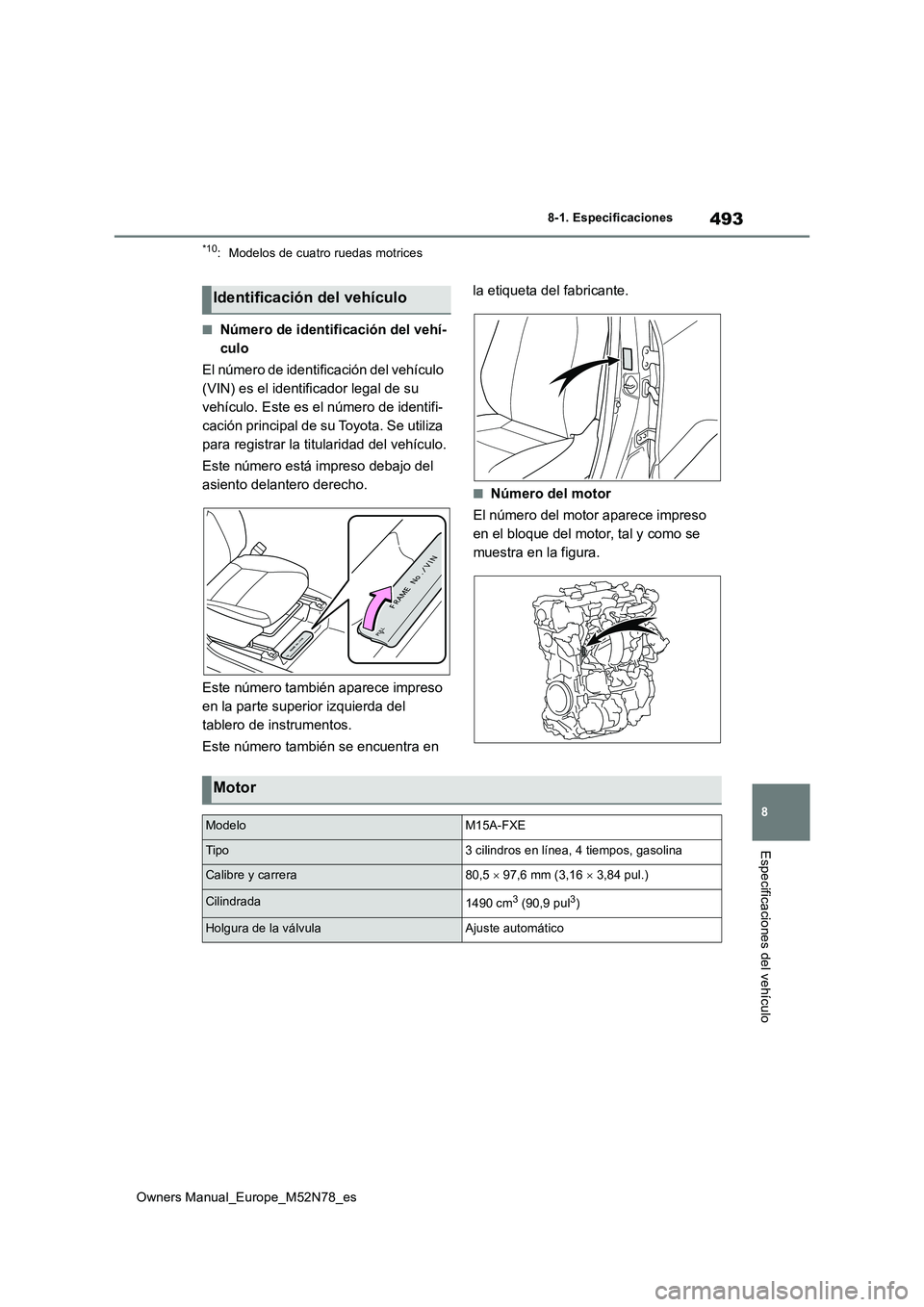 TOYOTA YARIS CROSS 2023  Manual del propietario (in Spanish) 493
8
Owners Manual_Europe_M52N78_es
8-1. Especificaciones
Especificaciones del vehículo
*10: Modelos de cuatro ruedas motrices
■Número de identificación del vehí- 
culo 
El número de identific