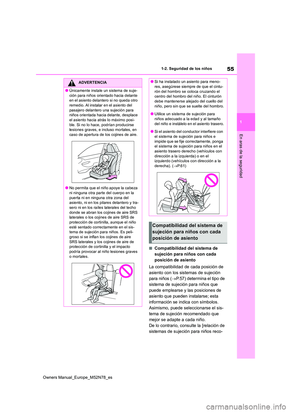 TOYOTA YARIS CROSS 2023  Manual del propietario (in Spanish) 55
1
Owners Manual_Europe_M52N78_es
1-2. Seguridad de los niños
En aras de la seguridad
■Compatibilidad del sistema de  
sujeción para niños con cada 
posición de asiento 
La compatibilidad de c