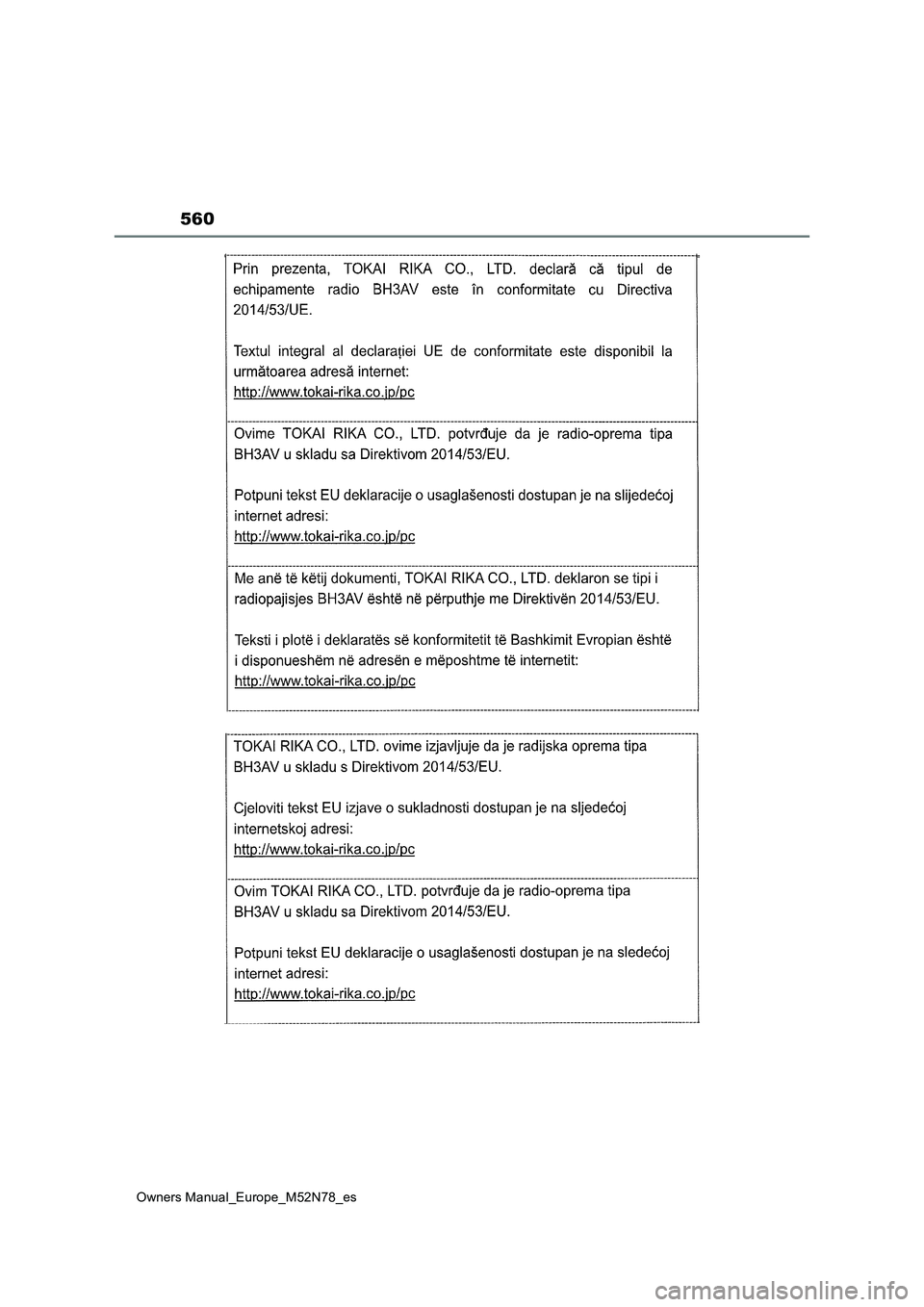 TOYOTA YARIS CROSS 2023  Manual del propietario (in Spanish) 560
Owners Manual_Europe_M52N78_es 