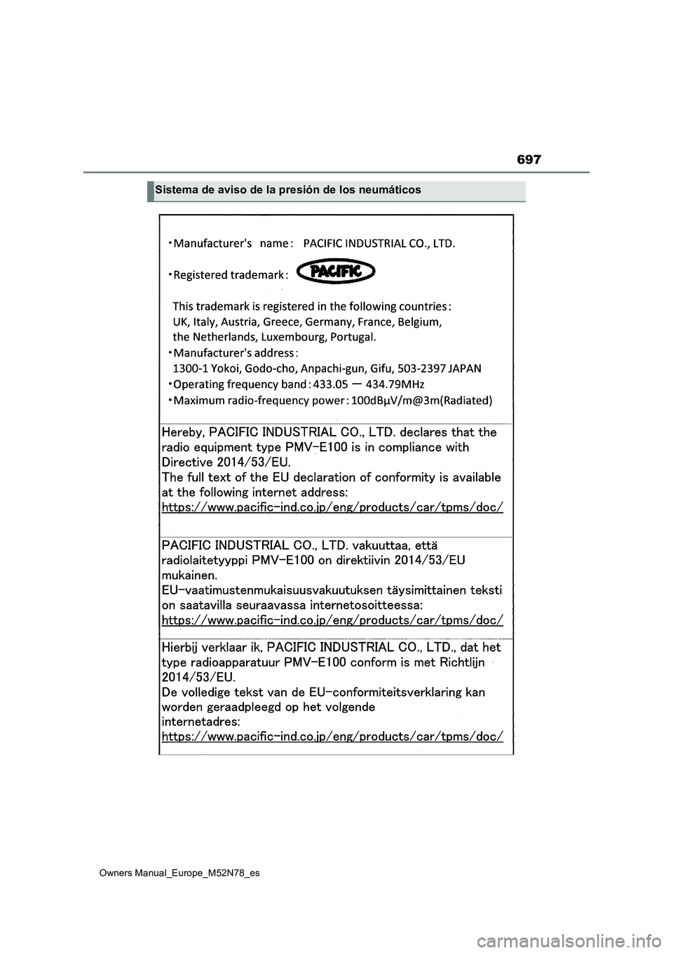 TOYOTA YARIS CROSS 2023  Manual del propietario (in Spanish) 697
Owners Manual_Europe_M52N78_es
Sistema de aviso de la presión de los neumáticos 