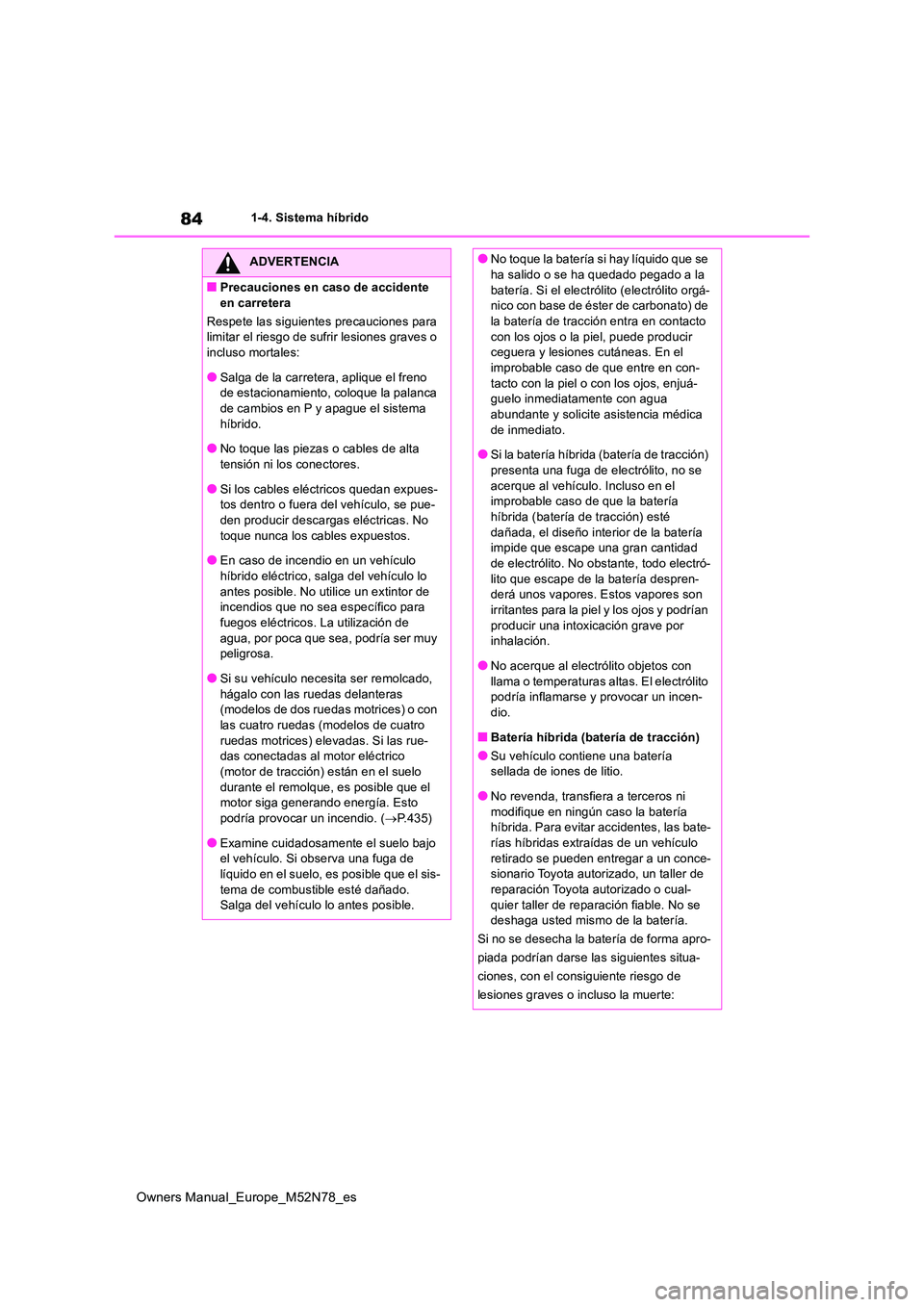 TOYOTA YARIS CROSS 2023  Manual del propietario (in Spanish) 84
Owners Manual_Europe_M52N78_es
1-4. Sistema híbrido
ADVERTENCIA
■Precauciones en caso de accidente  
en carretera 
Respete las siguientes precauciones para  limitar el riesgo de sufrir lesiones 