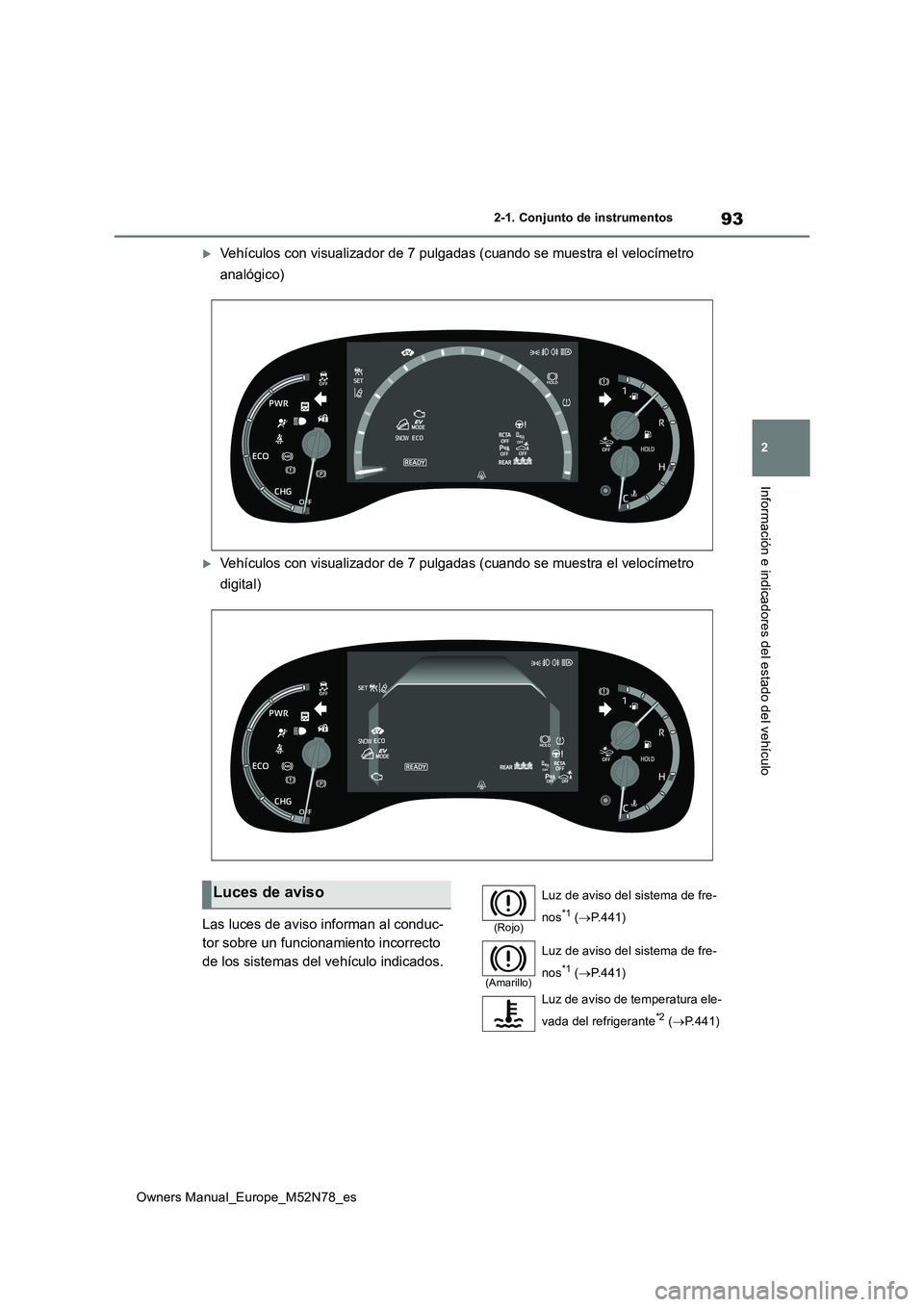 TOYOTA YARIS CROSS 2023  Manual del propietario (in Spanish) 93
2
Owners Manual_Europe_M52N78_es
2-1. Conjunto de instrumentos
Información e indicadores del estado del vehículo
Vehículos con visualizador de 7 pulgadas (cuando se muestra el velocímetro  
