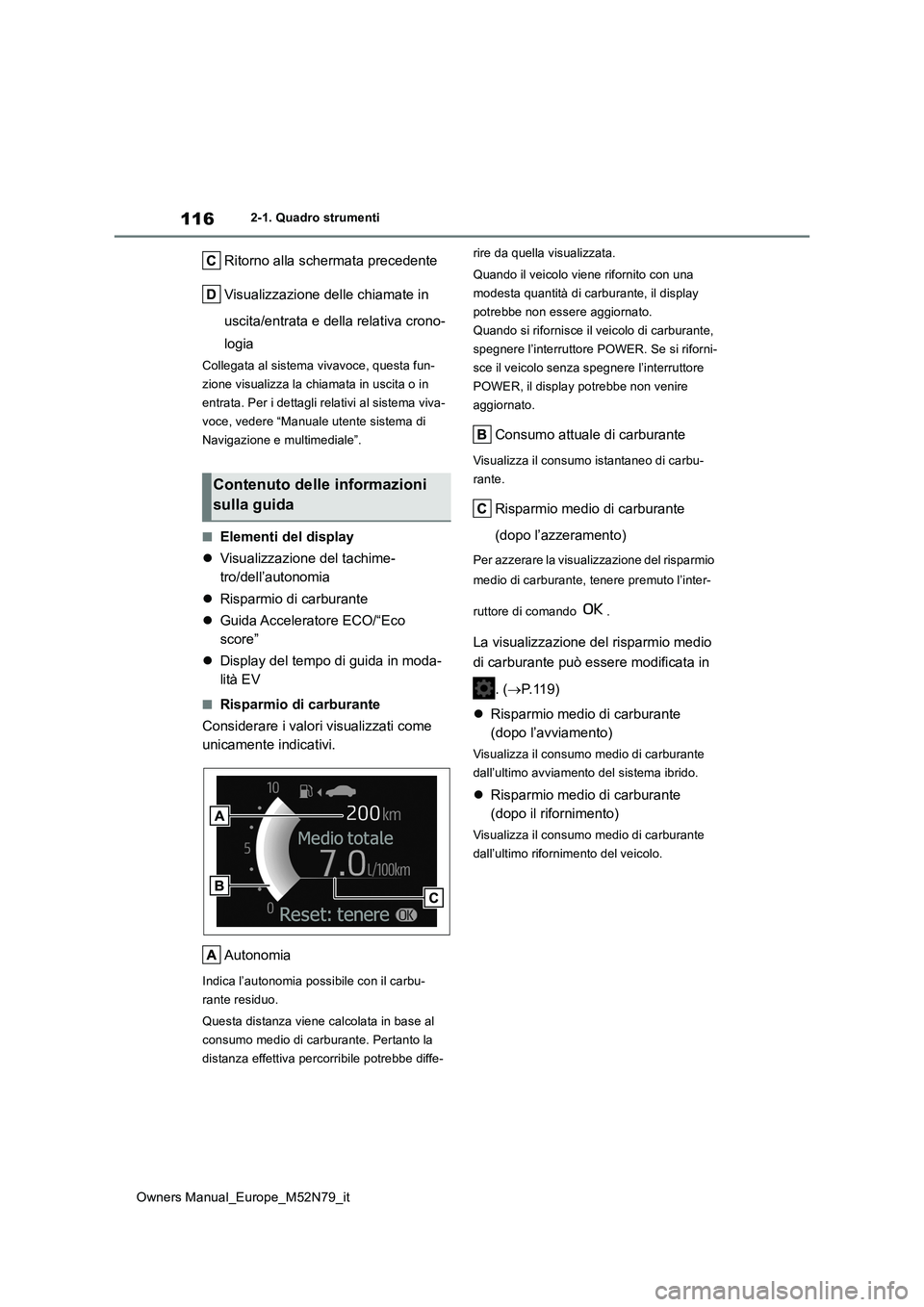 TOYOTA YARIS CROSS 2023  Manuale duso (in Italian) 116
Owners Manual_Europe_M52N79_it
2-1. Quadro strumenti
Ritorno alla schermata precedente 
Visualizzazione delle chiamate in  
uscita/entrata e della relativa crono- 
logia
Collegata al sistema vivav