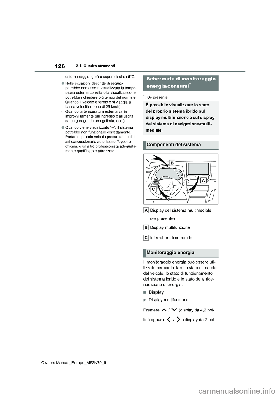 TOYOTA YARIS CROSS 2023 Manuale duso (in Italian) 126
Owners Manual_Europe_M52N79_it
2-1. Quadro strumenti
esterna raggiungerà o supererà circa 5°C.
●Nelle situazioni descritte di seguito
potrebbe non essere visualizzata la tempe- ratura est TOYOTA YARIS CROSS 2023 Manuale duso (in Italian) 126
Owners Manual_Europe_M52N79_it
2-1. Quadro strumenti
esterna raggiungerà o supererà circa 5°C.
●Nelle situazioni descritte di seguito
potrebbe non essere visualizzata la tempe- ratura est