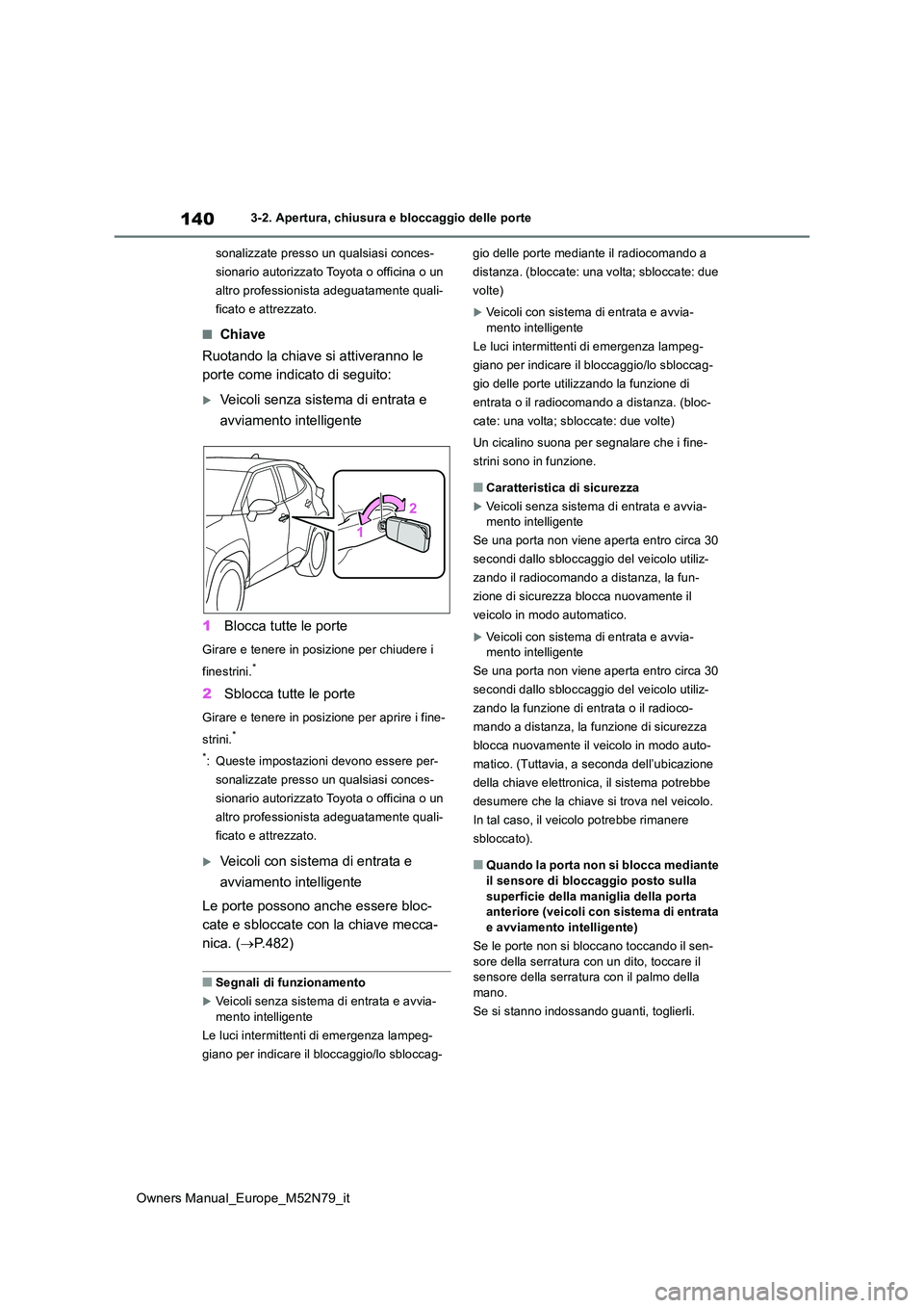 TOYOTA YARIS CROSS 2023  Manuale duso (in Italian) 140
Owners Manual_Europe_M52N79_it
3-2. Apertura, chiusura e bloccaggio delle porte 
sonalizzate presso un qualsiasi conces- 
sionario autorizzato Toyota o officina o un 
altro professionista adeguata
