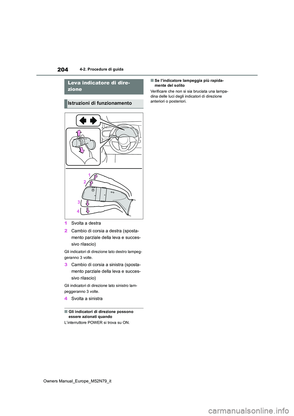 TOYOTA YARIS CROSS 2023  Manuale duso (in Italian) 204
Owners Manual_Europe_M52N79_it
4-2. Procedure di guida
1Svolta a destra 
2 Cambio di corsia a destra (sposta- 
mento parziale della leva e succes- 
sivo rilascio)
Gli indicatori di direzione lato 