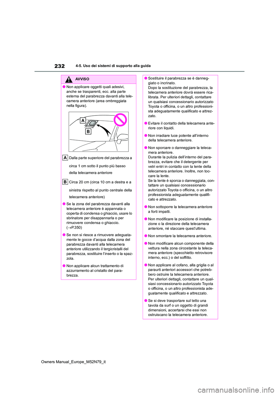 TOYOTA YARIS CROSS 2023  Manuale duso (in Italian) 232
Owners Manual_Europe_M52N79_it
4-5. Uso dei sistemi di supporto alla guida
AVVISO
●Non applicare oggetti quali adesivi,  
anche se trasparenti, ecc. alla parte  esterna del parabrezza davanti al