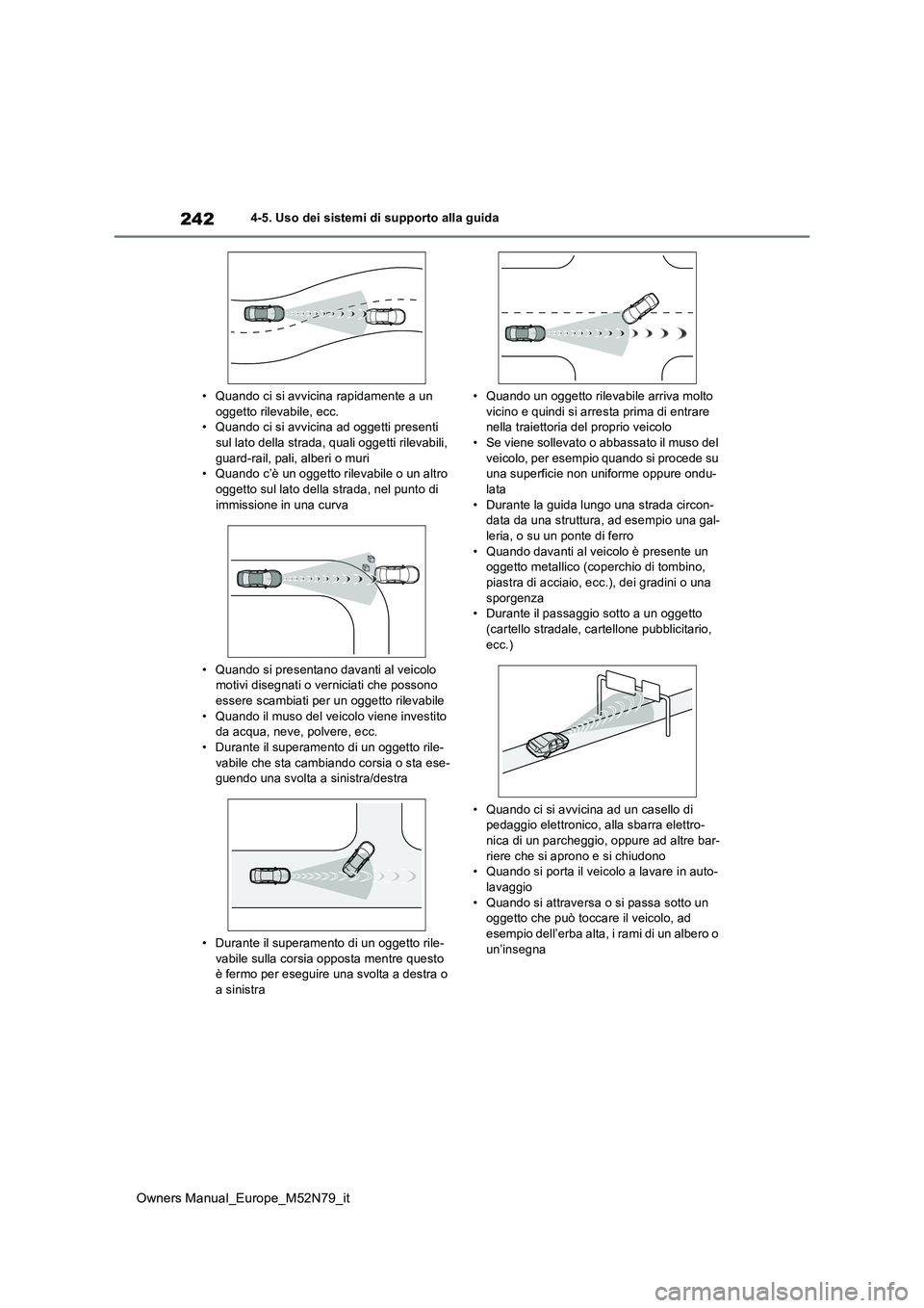 TOYOTA YARIS CROSS 2023  Manuale duso (in Italian) 242
Owners Manual_Europe_M52N79_it
4-5. Uso dei sistemi di supporto alla guida 
• Quando ci si avvicina rapidamente a un  oggetto rilevabile, ecc.• Quando ci si avvicina ad oggetti presenti  
sul 