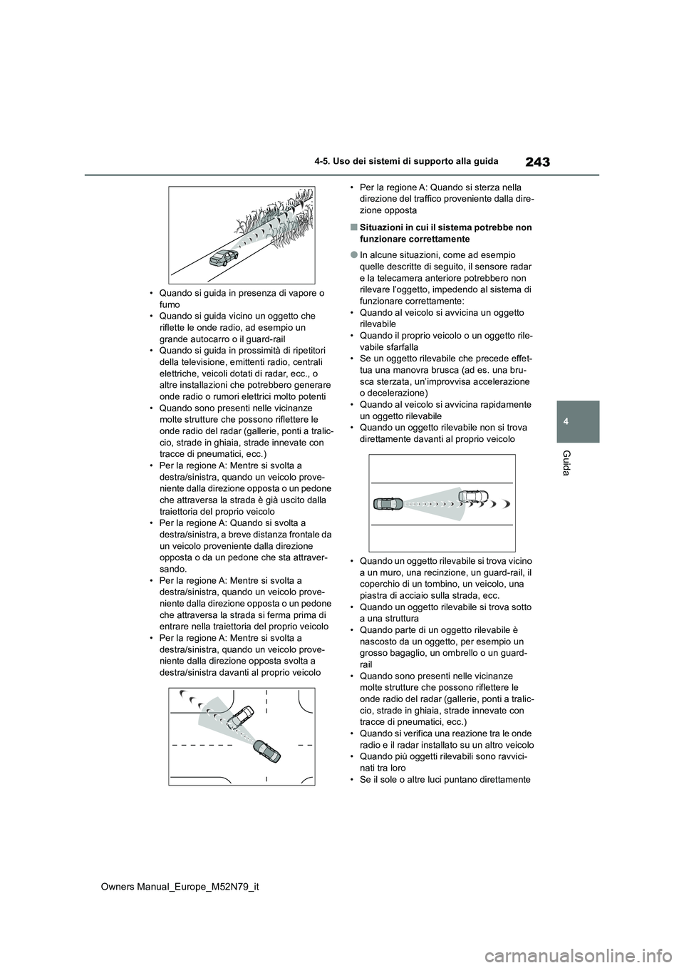 TOYOTA YARIS CROSS 2023  Manuale duso (in Italian) 243
4
Owners Manual_Europe_M52N79_it
4-5. Uso dei sistemi di supporto alla guida
Guida
• Quando si guida in presenza di vapore o  fumo• Quando si guida vicino un oggetto che  
riflette le onde rad