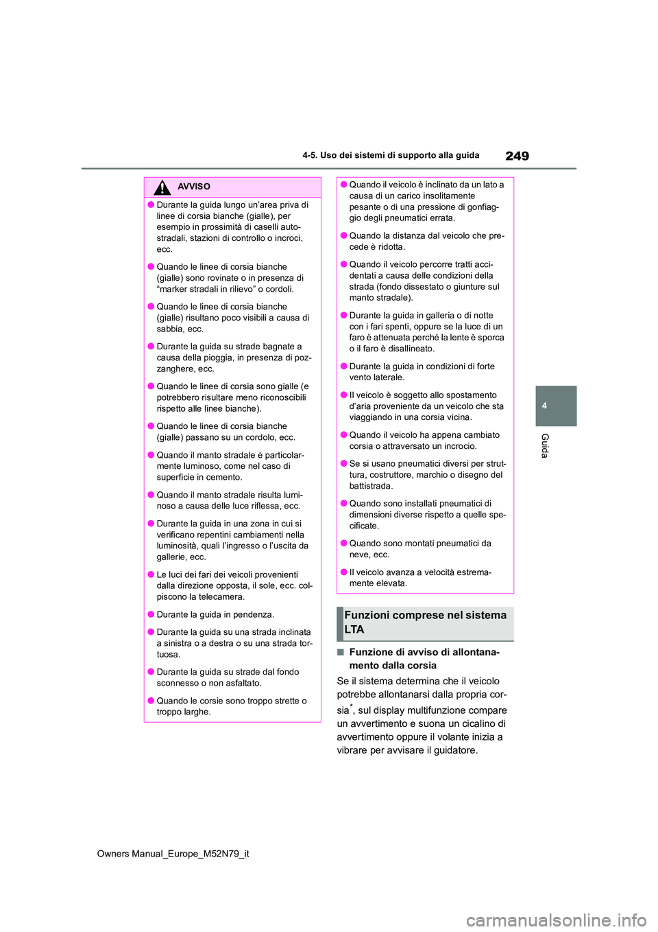TOYOTA YARIS CROSS 2023 Manuale duso (in Italian) 249
4
Owners Manual_Europe_M52N79_it
4-5. Uso dei sistemi di supporto alla guida
Guida
■Funzione di avviso di allontana-
mento dalla corsia
Se il sistema determina che il veicolo
potrebbe allont TOYOTA YARIS CROSS 2023 Manuale duso (in Italian) 249
4
Owners Manual_Europe_M52N79_it
4-5. Uso dei sistemi di supporto alla guida
Guida
■Funzione di avviso di allontana-
mento dalla corsia
Se il sistema determina che il veicolo
potrebbe allont