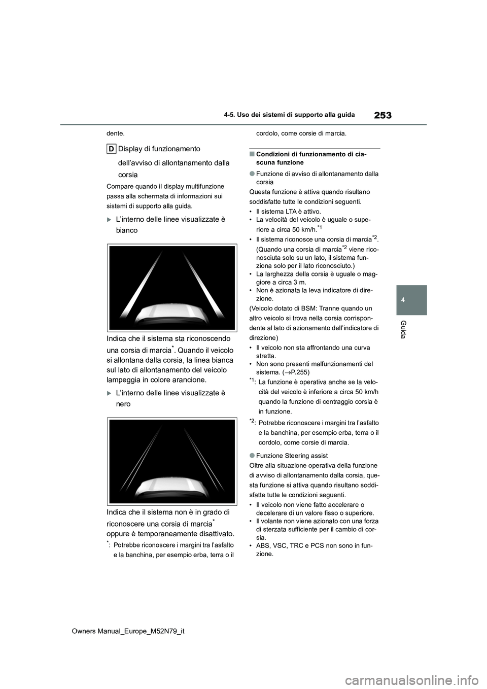 TOYOTA YARIS CROSS 2023 Manuale duso (in Italian) 253
4
Owners Manual_Europe_M52N79_it
4-5. Uso dei sistemi di supporto alla guida
Guida
dente.
Display di funzionamento
dell’avviso di allontanamento dalla
corsia
Compare quando il display multif TOYOTA YARIS CROSS 2023 Manuale duso (in Italian) 253
4
Owners Manual_Europe_M52N79_it
4-5. Uso dei sistemi di supporto alla guida
Guida
dente.
Display di funzionamento
dell’avviso di allontanamento dalla
corsia
Compare quando il display multif