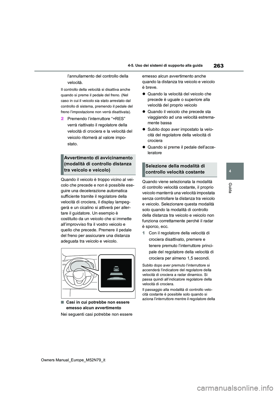 TOYOTA YARIS CROSS 2023  Manuale duso (in Italian) 263
4
Owners Manual_Europe_M52N79_it
4-5. Uso dei sistemi di supporto alla guida
Guida
l’annullamento del controllo della  
velocità.
Il controllo della velocità si disattiva anche  
quando si pre