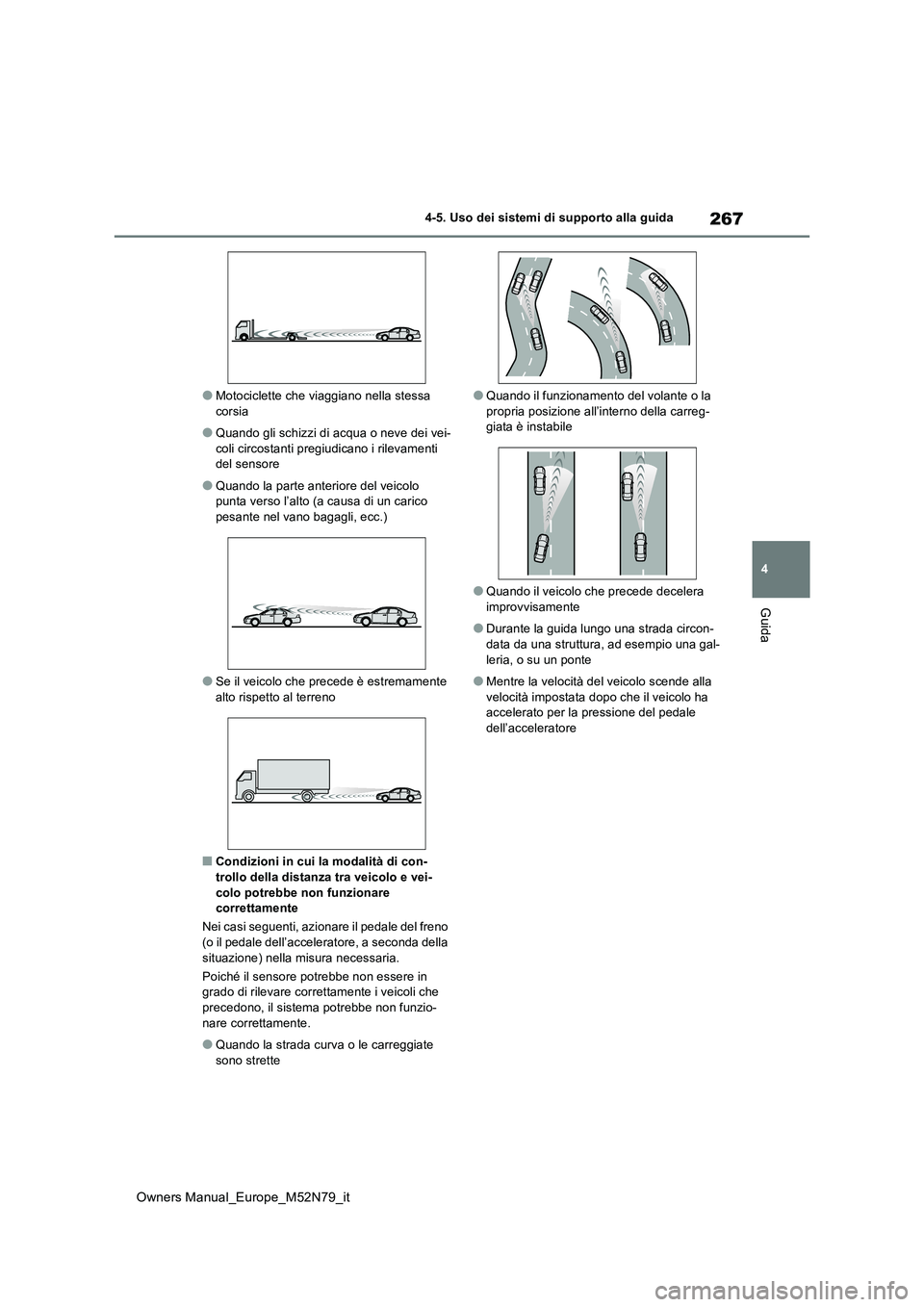 TOYOTA YARIS CROSS 2023  Manuale duso (in Italian) 267
4
Owners Manual_Europe_M52N79_it
4-5. Uso dei sistemi di supporto alla guida
Guida
●Motociclette che viaggiano nella stessa  corsia
●Quando gli schizzi di acqua o neve dei vei-coli circostanti