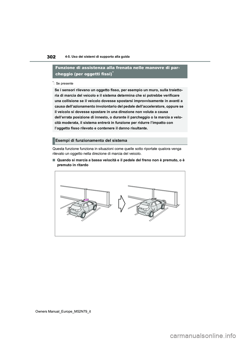 TOYOTA YARIS CROSS 2023  Manuale duso (in Italian) 302
Owners Manual_Europe_M52N79_it
4-5. Uso dei sistemi di supporto alla guida
*: Se presente
Questa funzione funziona in situazioni come quelle sotto riportate qualora venga  
rilevato un oggetto nel