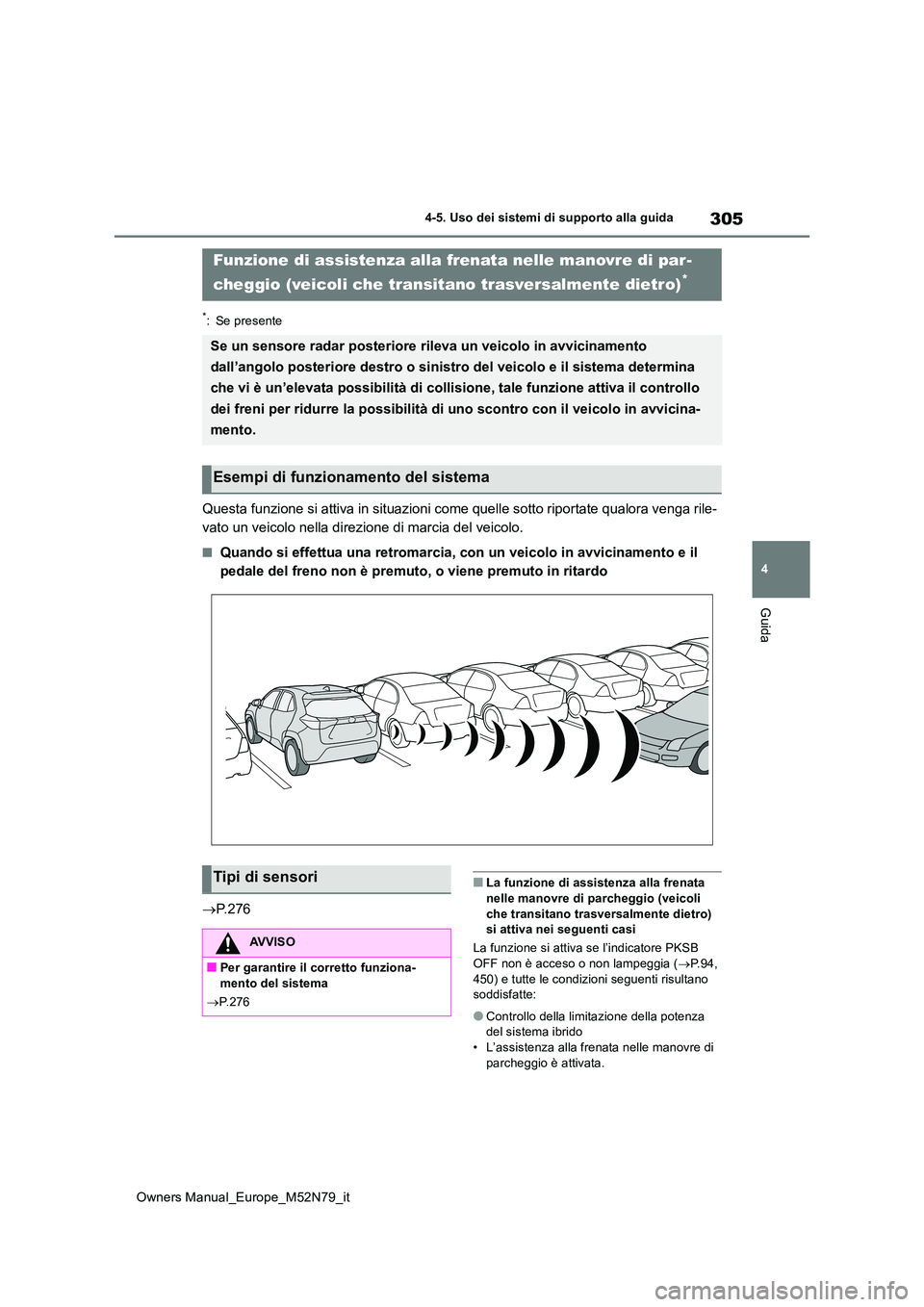 TOYOTA YARIS CROSS 2023  Manuale duso (in Italian) 305
4
Owners Manual_Europe_M52N79_it
4-5. Uso dei sistemi di supporto alla guida
Guida
*: Se presente
Questa funzione si attiva in situazioni come quelle sotto riportate qualora venga rile- 
vato un v