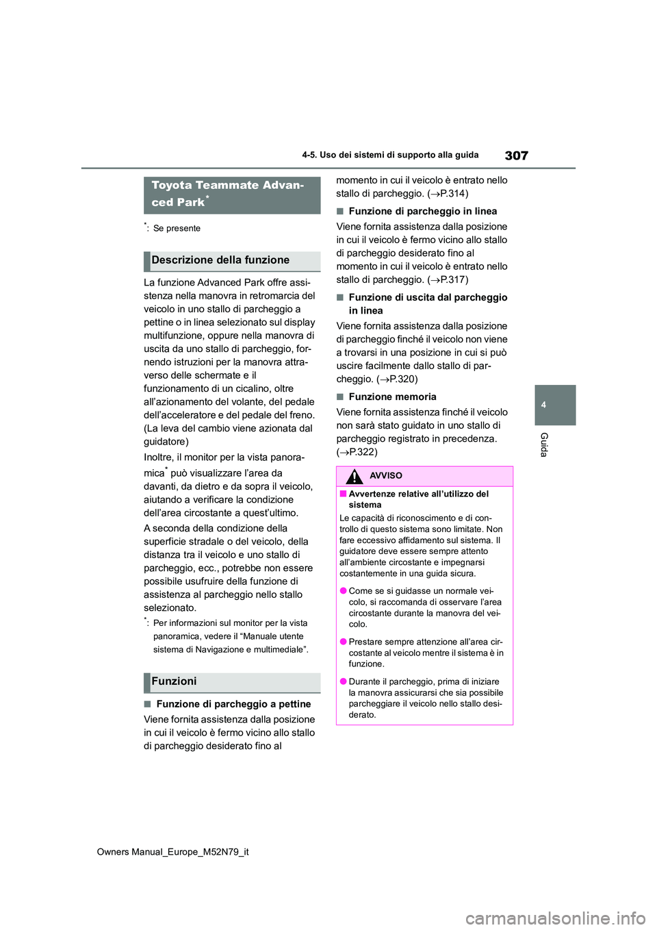 TOYOTA YARIS CROSS 2023  Manuale duso (in Italian) 307
4
Owners Manual_Europe_M52N79_it
4-5. Uso dei sistemi di supporto alla guida
Guida
*: Se presente
La funzione Advanced Park offre assi- 
stenza nella manovra in retromarcia del 
veicolo in uno sta