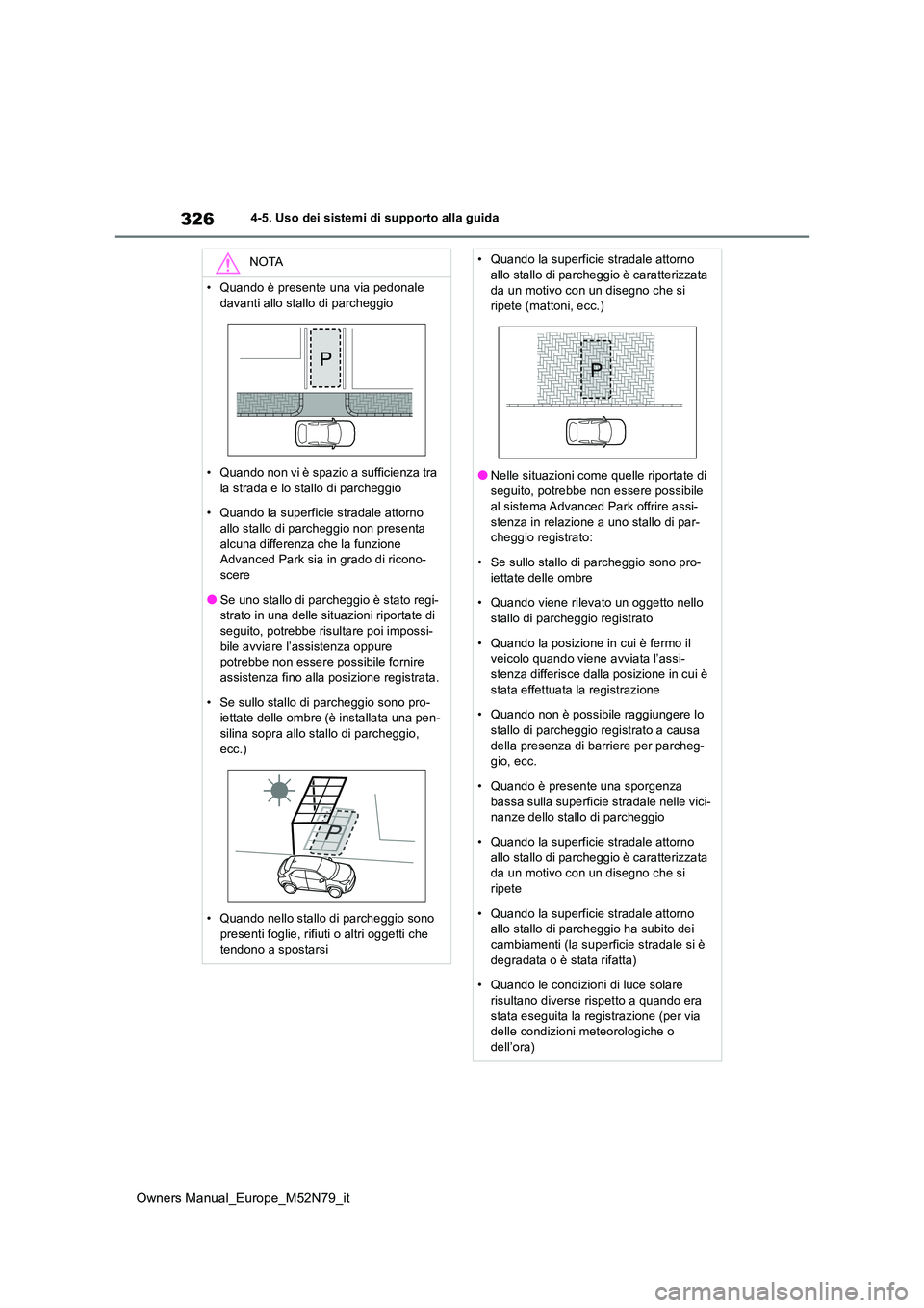 TOYOTA YARIS CROSS 2023  Manuale duso (in Italian) 326
Owners Manual_Europe_M52N79_it
4-5. Uso dei sistemi di supporto alla guida
NOTA
• Quando è presente una via pedonale  
davanti allo stallo di parcheggio 
• Quando non vi è spazio a sufficien