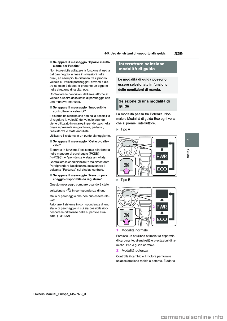 TOYOTA YARIS CROSS 2023  Manuale duso (in Italian) 329
4
Owners Manual_Europe_M52N79_it
4-5. Uso dei sistemi di supporto alla guida
Guida
■Se appare il messaggio “Spazio insuffi- ciente per l’uscita” 
Non è possibile utilizzare la funzione di