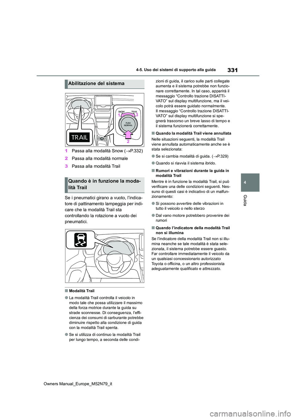 TOYOTA YARIS CROSS 2023  Manuale duso (in Italian) 331
4
Owners Manual_Europe_M52N79_it
4-5. Uso dei sistemi di supporto alla guida
Guida
1Passa alla modalità Snow (P.332) 
2 Passa alla modalità normale 
3 Passa alla modalità Trail 
Se i pneumat