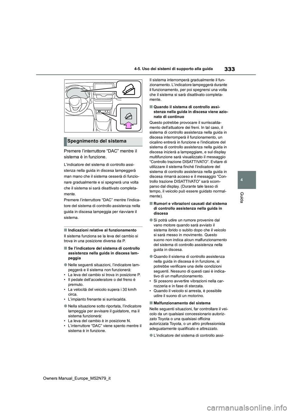 TOYOTA YARIS CROSS 2023  Manuale duso (in Italian) 333
4
Owners Manual_Europe_M52N79_it
4-5. Uso dei sistemi di supporto alla guida
Guida
Premere l’interruttore “DAC” mentre il  
sistema è in funzione.
L’indicatore del sistema di controllo as