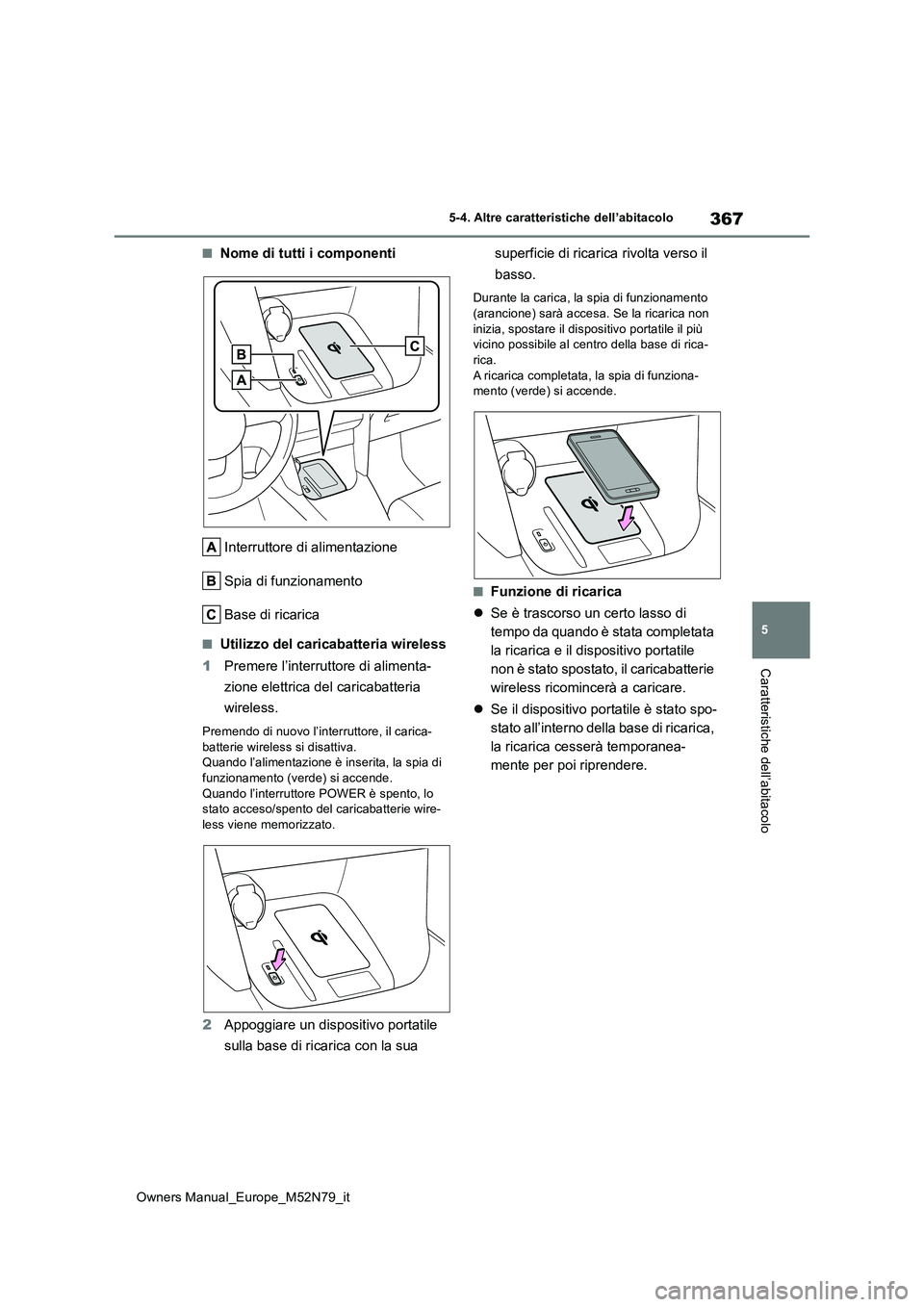 TOYOTA YARIS CROSS 2023  Manuale duso (in Italian) 367
5
Owners Manual_Europe_M52N79_it
5-4. Altre caratteristiche dell’abitacolo
Caratteristiche dell’abitacolo
■Nome di tutti i componenti 
Interruttore di alimentazione 
Spia di funzionamento
Ba