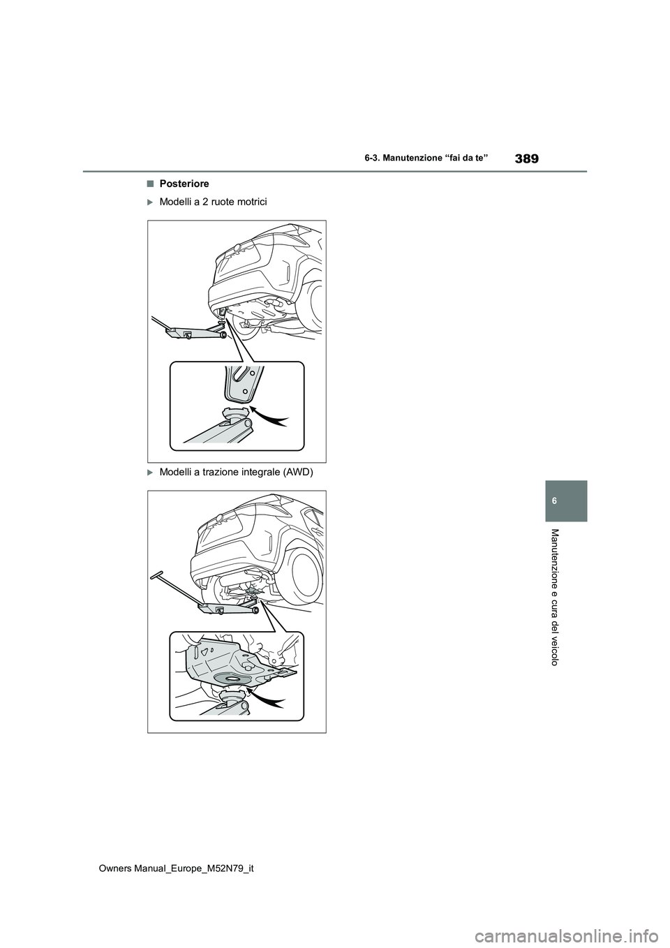 TOYOTA YARIS CROSS 2023  Manuale duso (in Italian) 389
6
Owners Manual_Europe_M52N79_it
6-3. Manutenzione “fai da te”
Manutenzione e cura del veicolo
■Posteriore
Modelli a 2 ruote motrici
Modelli a trazione integrale (AWD) 