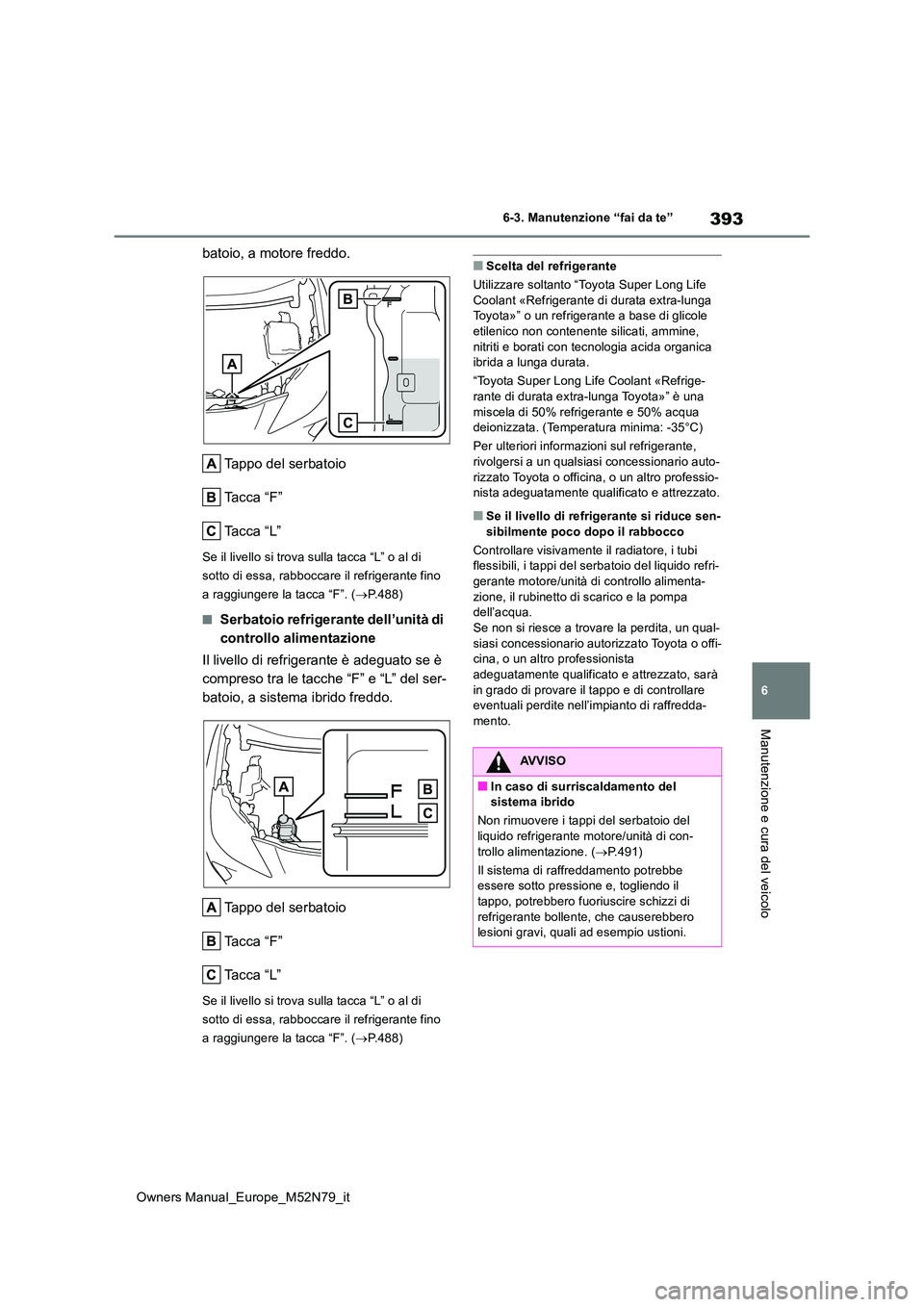 TOYOTA YARIS CROSS 2023  Manuale duso (in Italian) 393
6
Owners Manual_Europe_M52N79_it
6-3. Manutenzione “fai da te”
Manutenzione e cura del veicolo
batoio, a motore freddo. 
Tappo del serbatoio 
Ta c c a   “ F ”
Ta c c a   “ L ”
Se il li