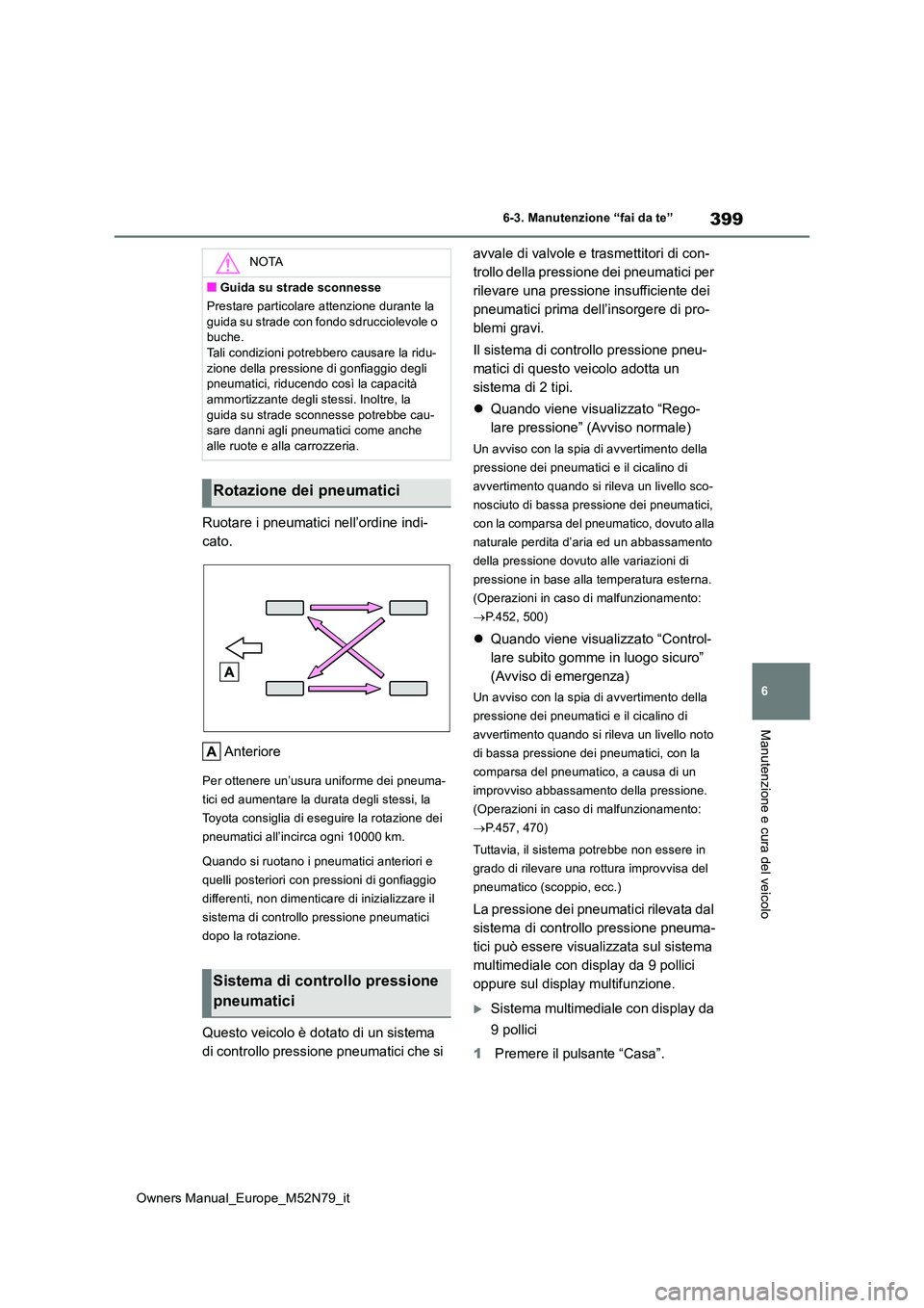 TOYOTA YARIS CROSS 2023 Manuale duso (in Italian) 399
6
Owners Manual_Europe_M52N79_it
6-3. Manutenzione “fai da te”
Manutenzione e cura del veicolo
Ruotare i pneumatici nell’ordine indi-
cato.
Anteriore
Per ottenere un’usura uniforme dei p TOYOTA YARIS CROSS 2023 Manuale duso (in Italian) 399
6
Owners Manual_Europe_M52N79_it
6-3. Manutenzione “fai da te”
Manutenzione e cura del veicolo
Ruotare i pneumatici nell’ordine indi-
cato.
Anteriore
Per ottenere un’usura uniforme dei p